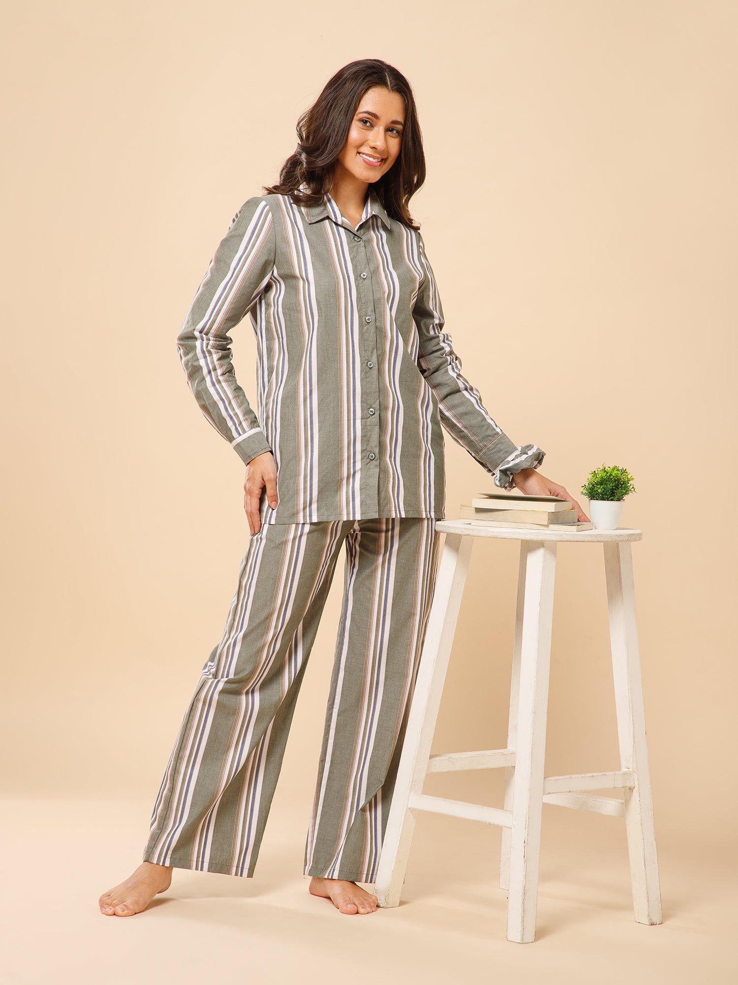 Drape in vogue Earthy Striped Shirt and Pants Lounge set