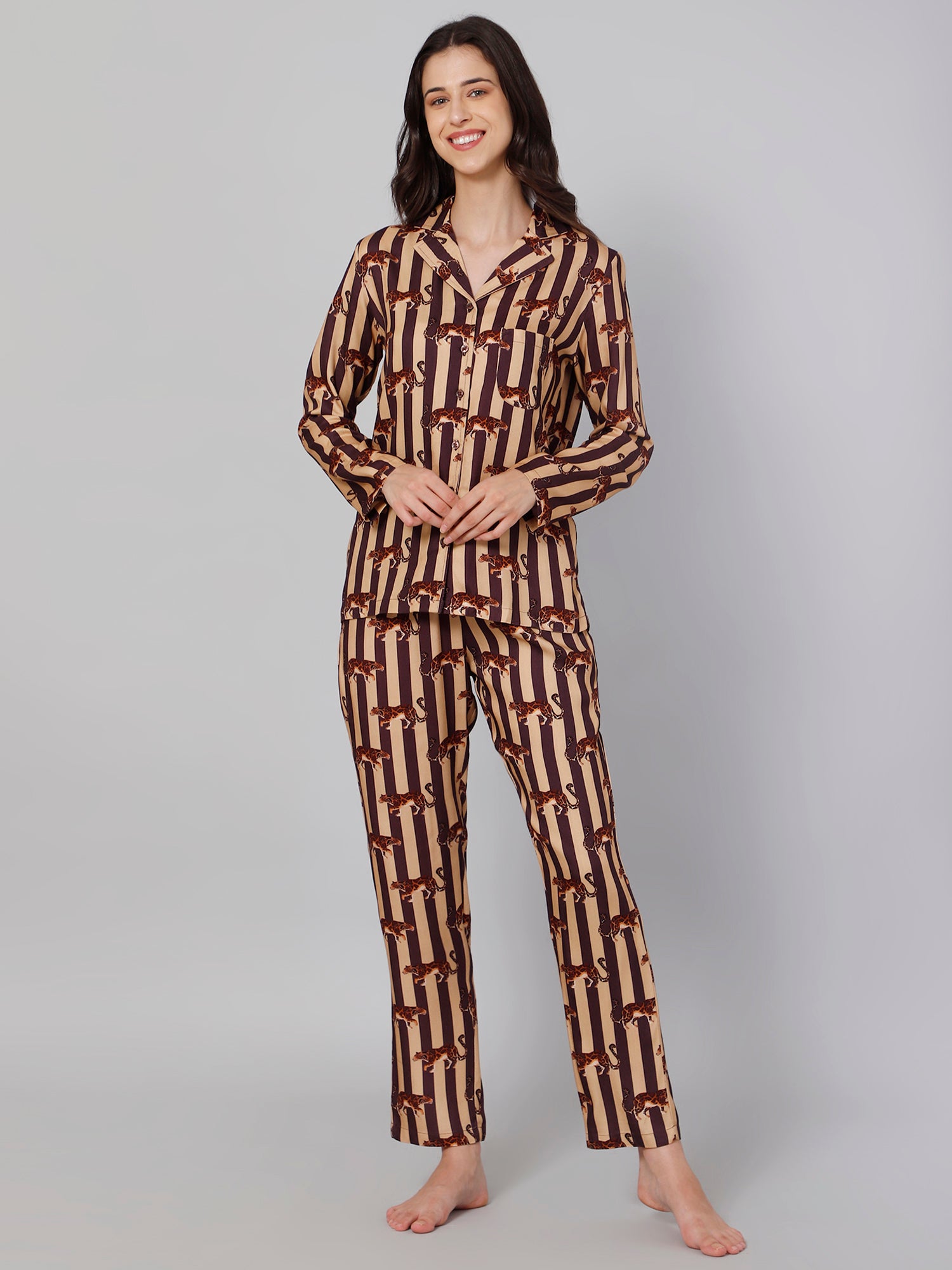 Drape In Vogue Women'S Brown Tiger Print Night Suit