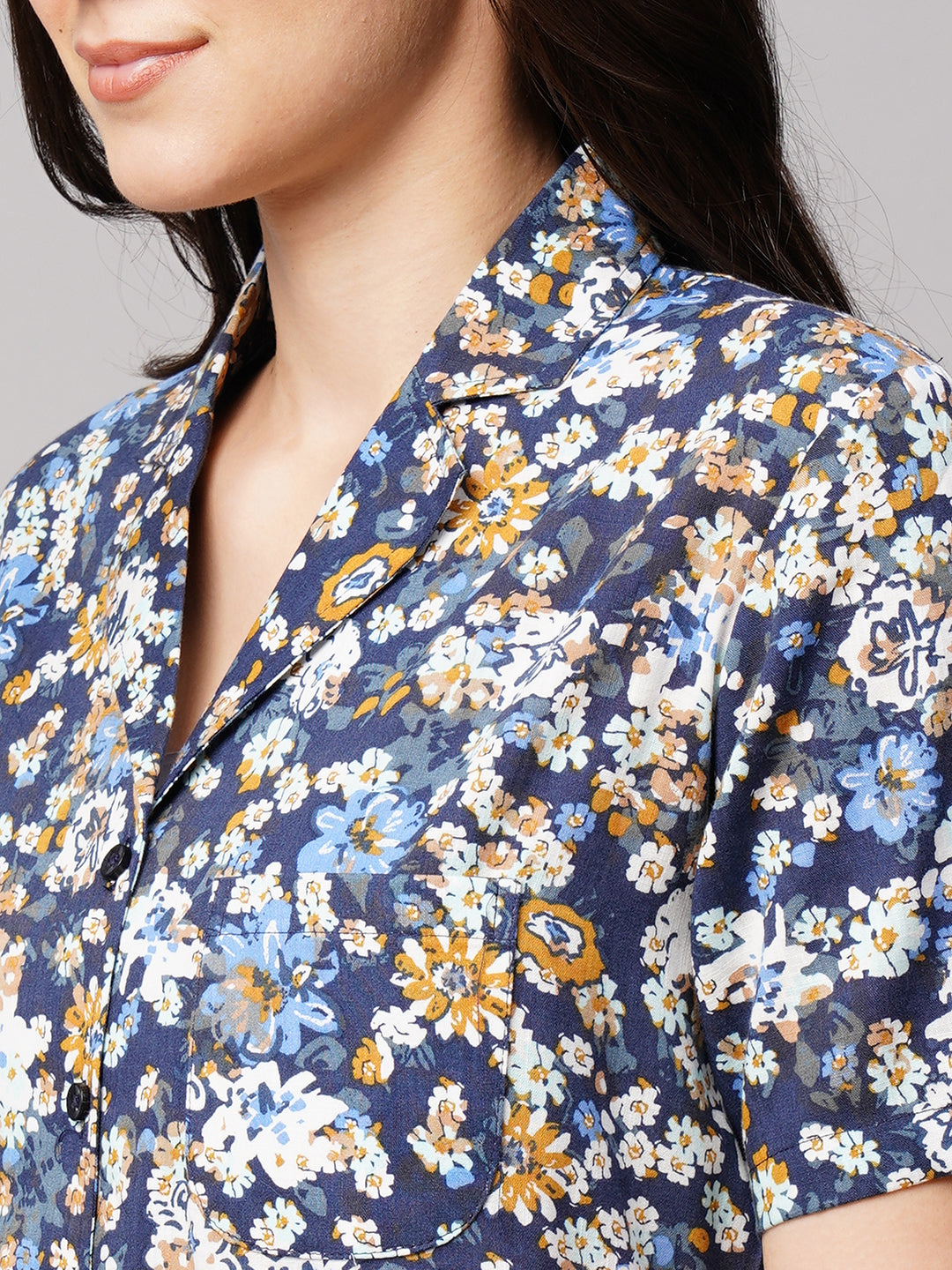 Drape In Vogue Womens Navy Blue With Mustard Flower Print Night Suit