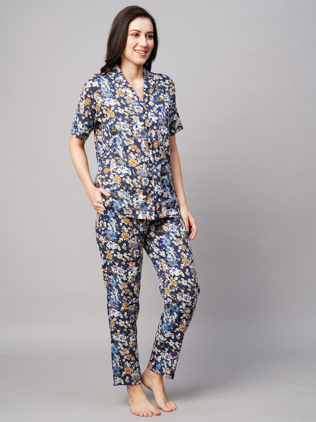 Drape In Vogue Womens Navy Blue With Mustard Flower Print Night Suit
