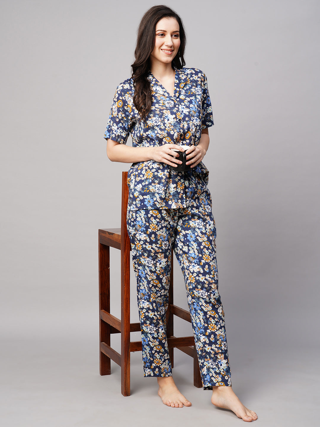 Drape In Vogue Womens Navy Blue With Mustard Flower Print Night Suit