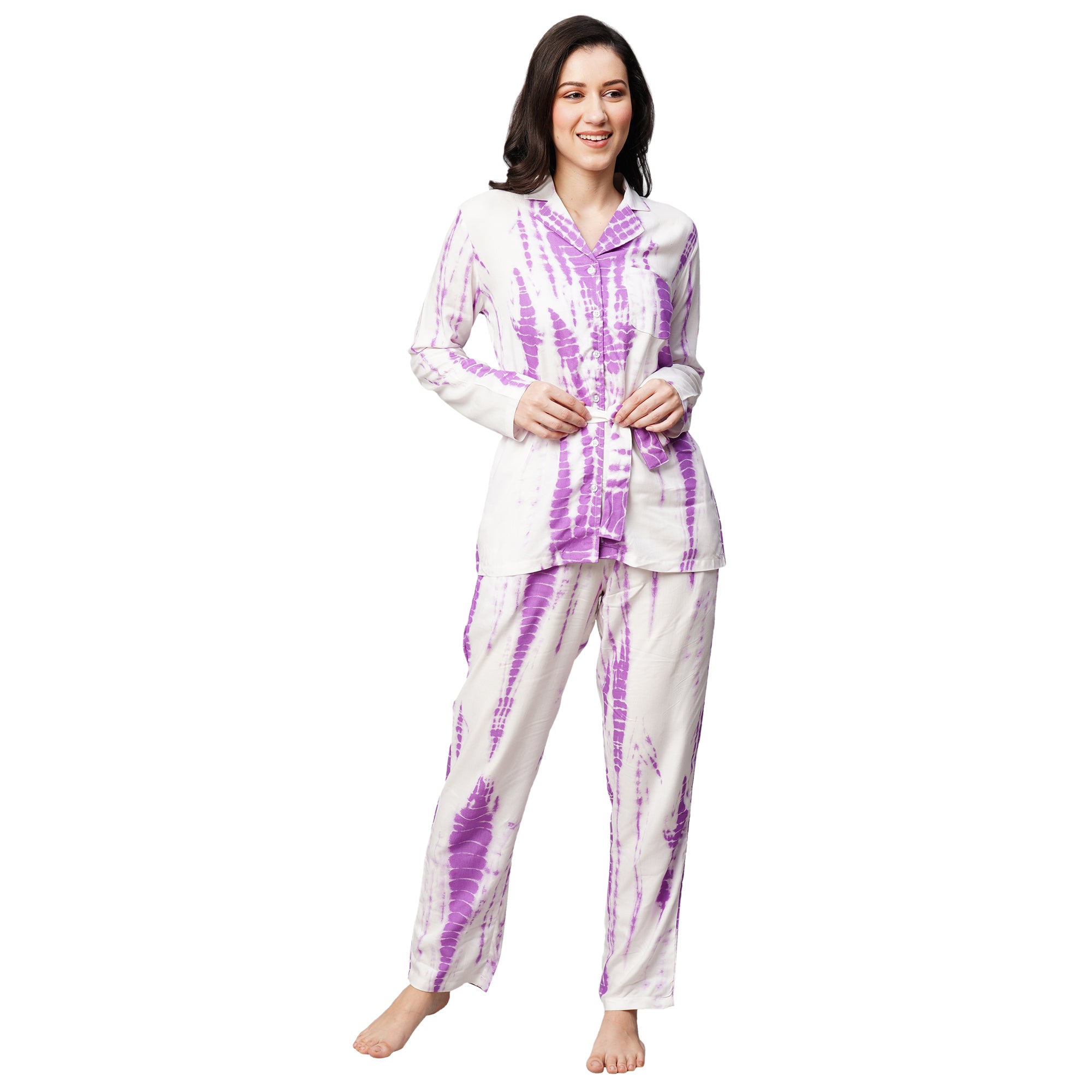 Drape In Vogue Womens Purple Tie And Dye Print Night Suit