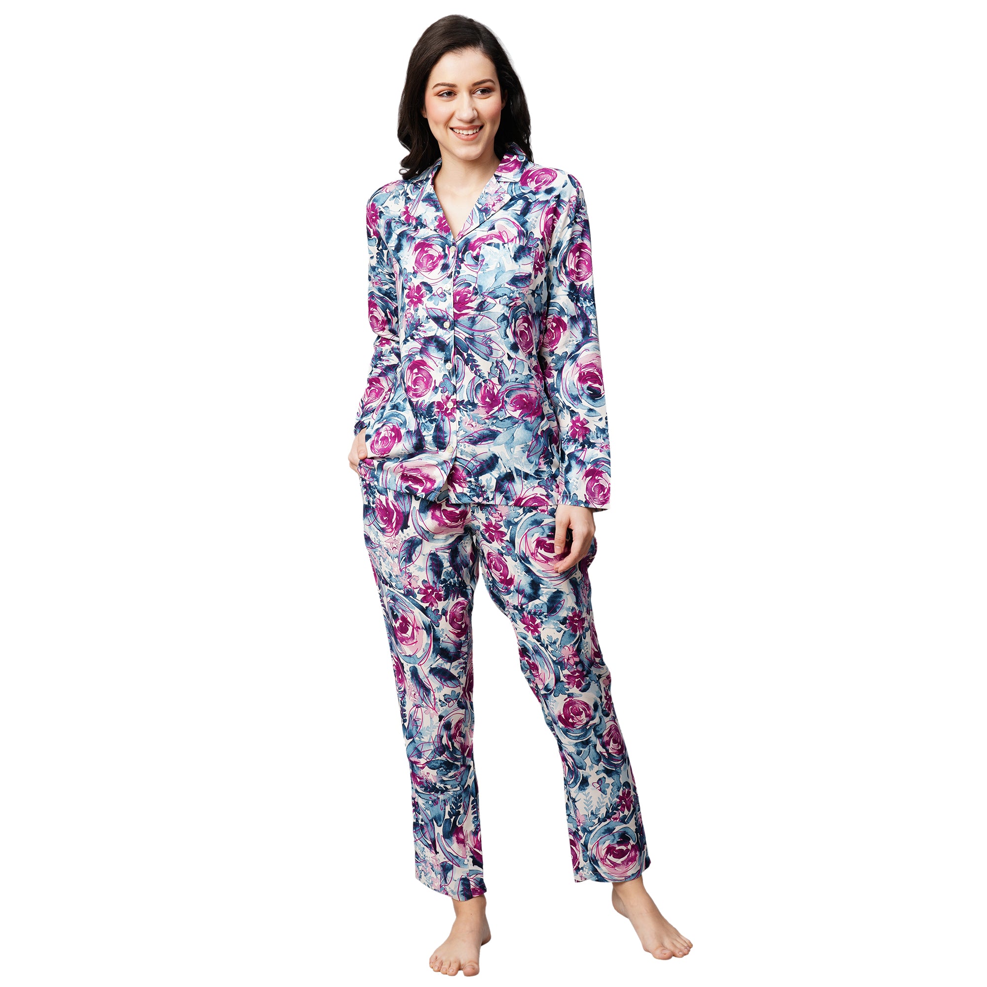 Drape In Vogue Womens White With Floral Print Night Suit