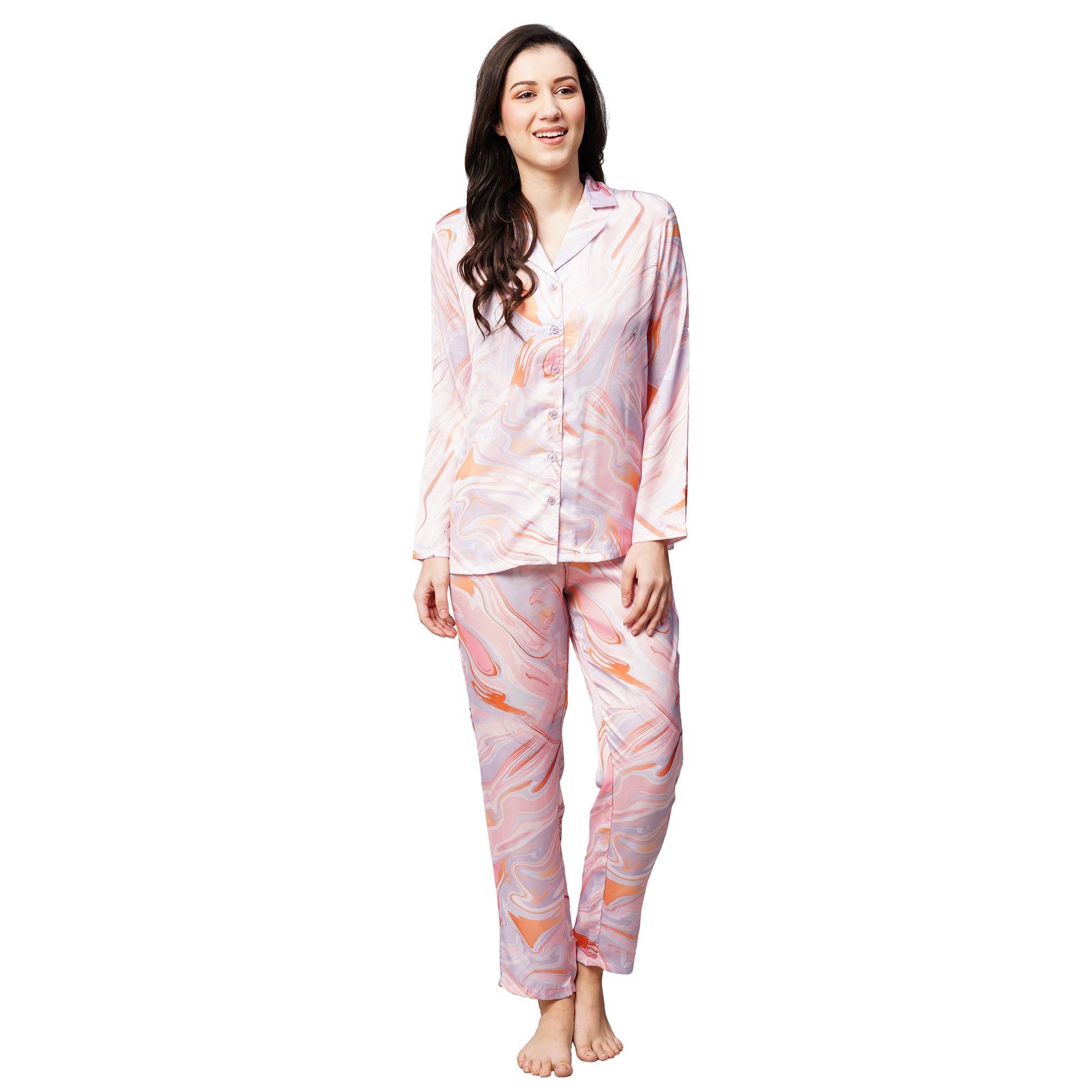 Drape In Vogue Womens Peach Abstract Print Satin Night Suit
