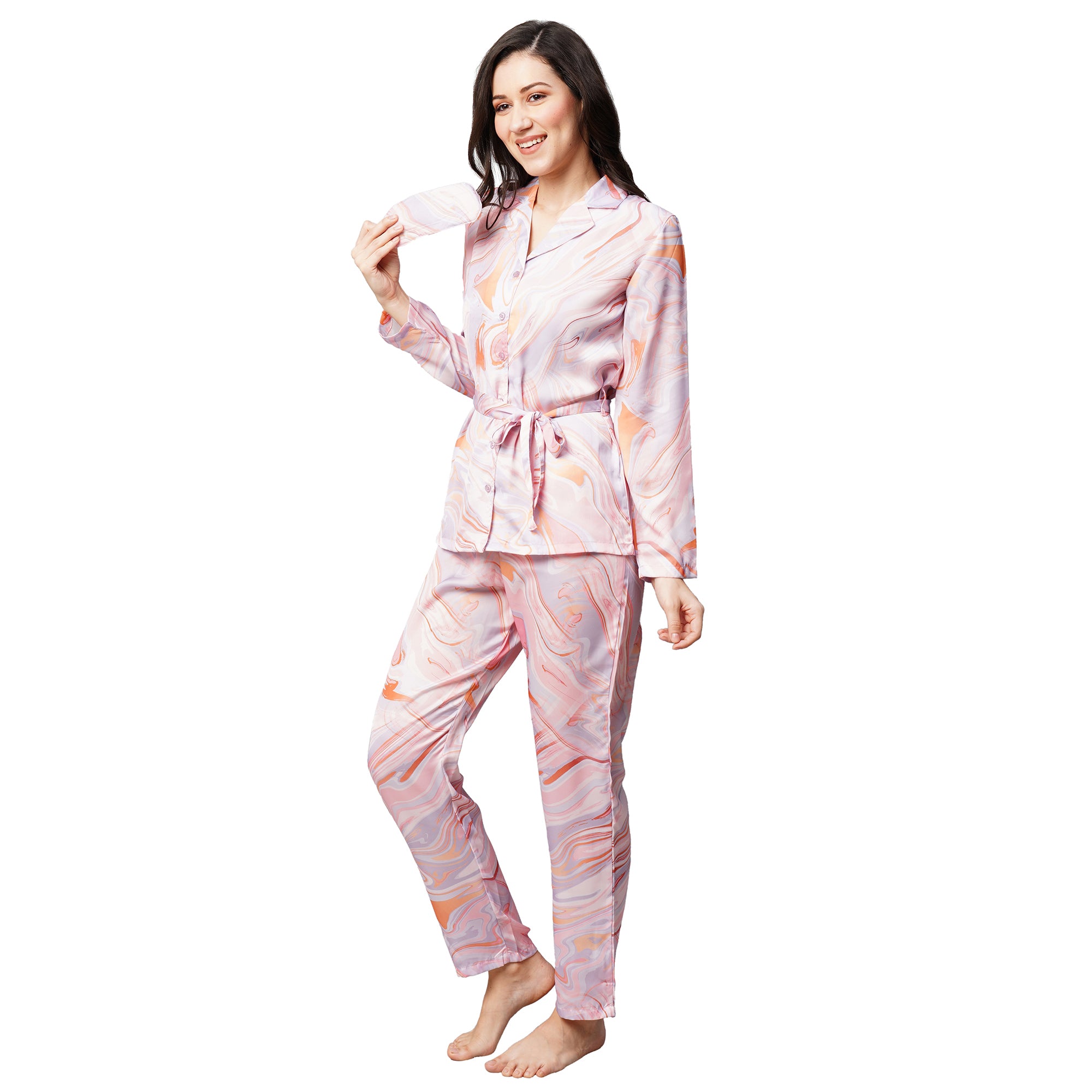 Drape In Vogue Womens Peach Abstract Print Satin Night Suit