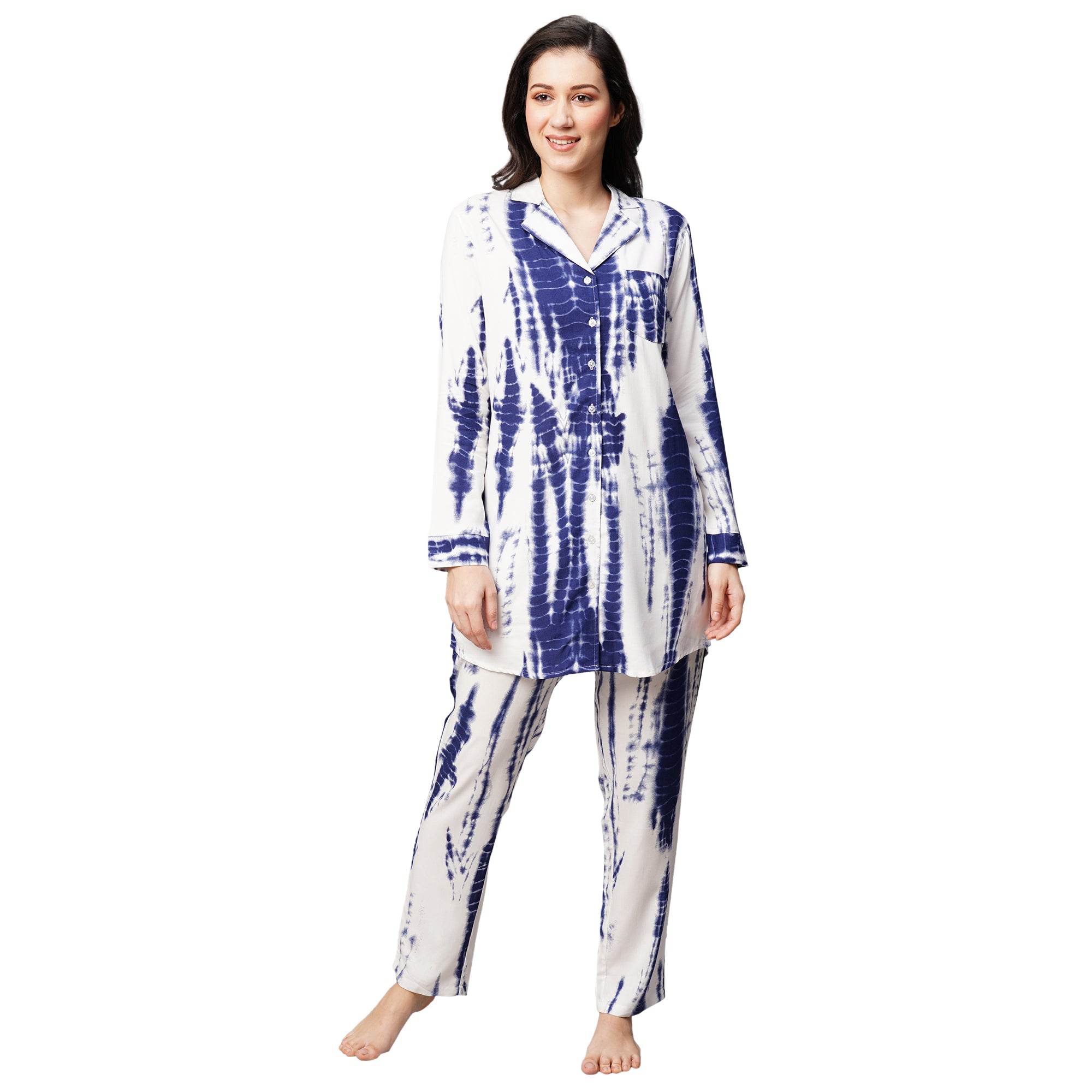 Drape In Vogue Womens Navy Blue Tie And Dye Print Night Suit