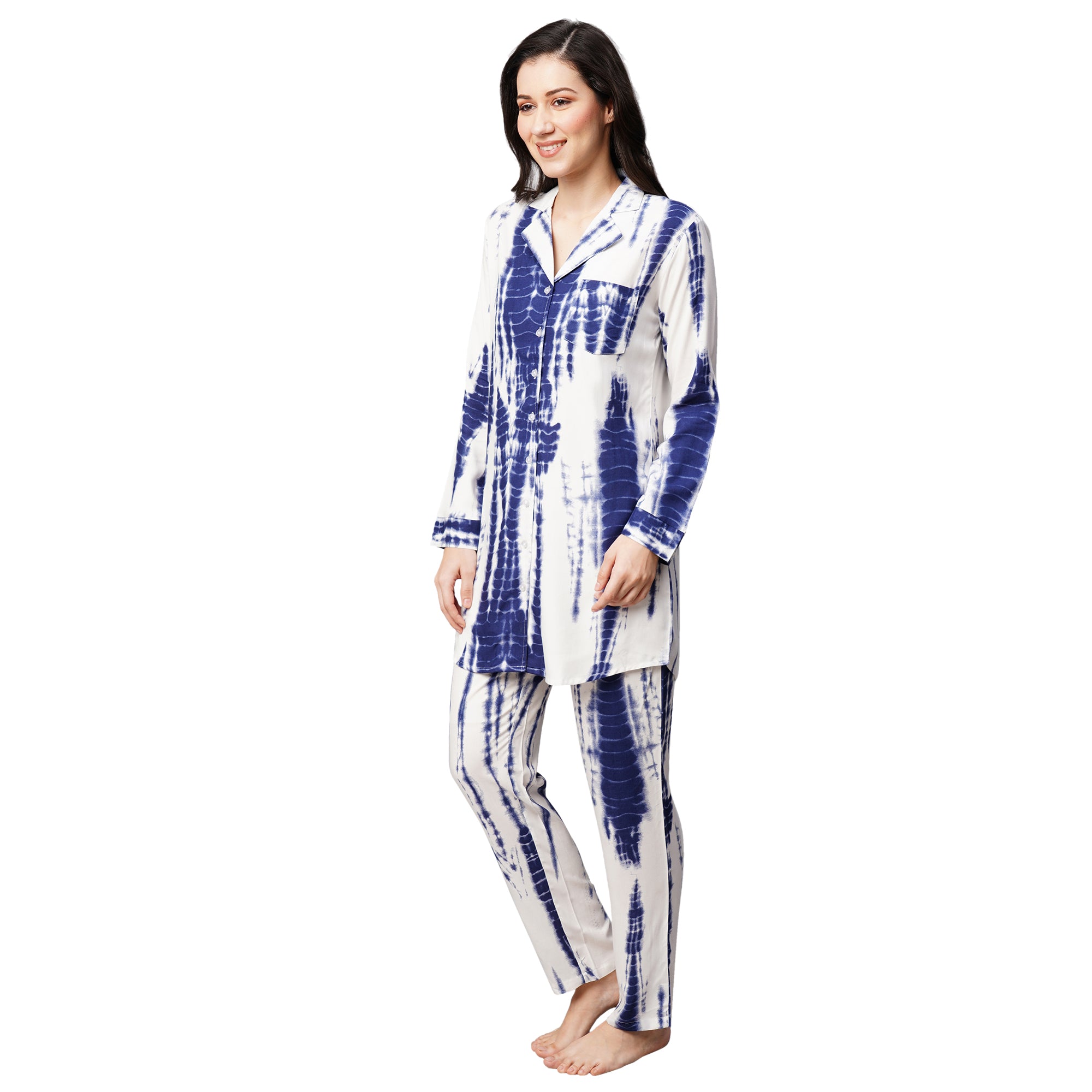 Drape In Vogue Womens Navy Blue Tie And Dye Print Night Suit