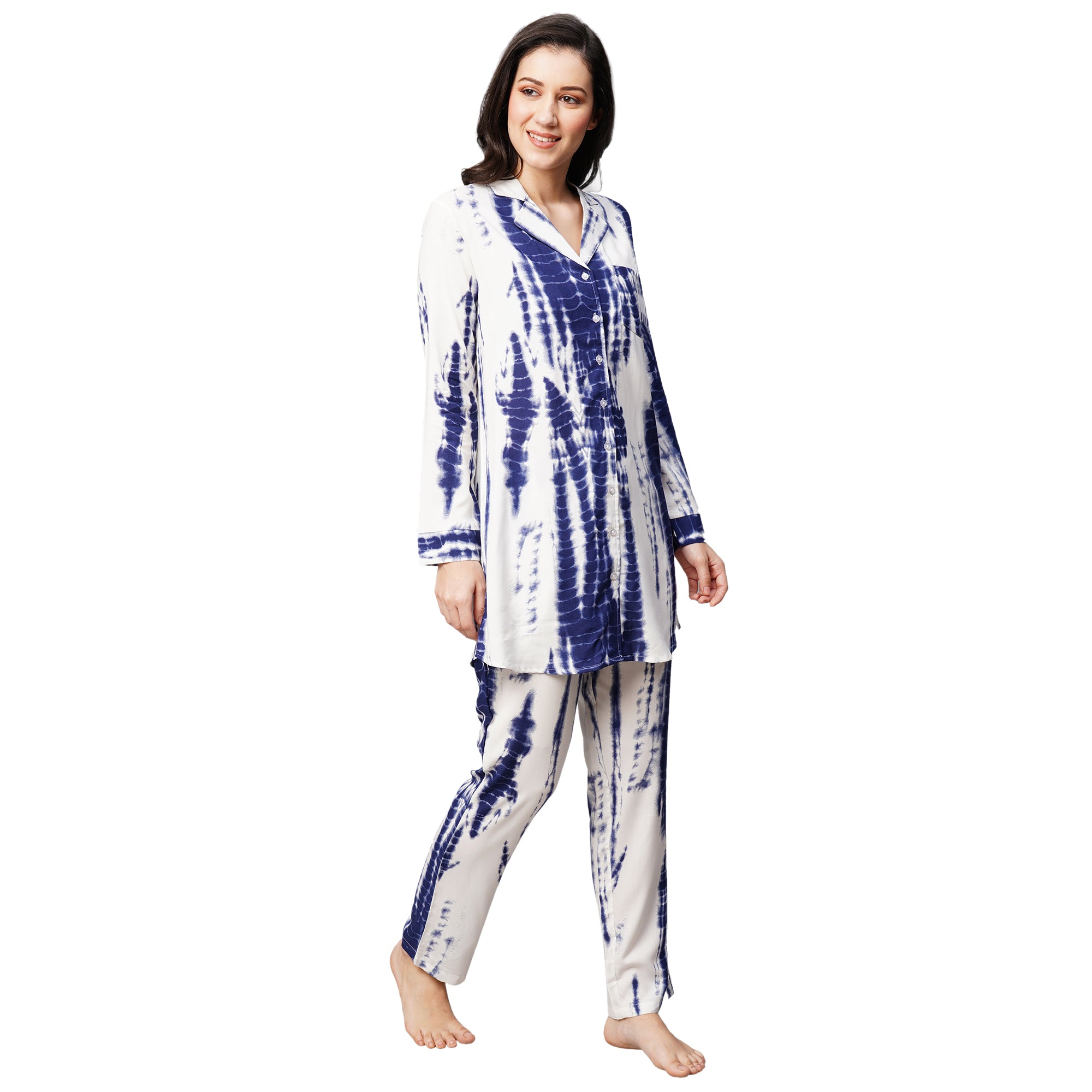 Drape In Vogue Womens Navy Blue Tie And Dye Print Night Suit