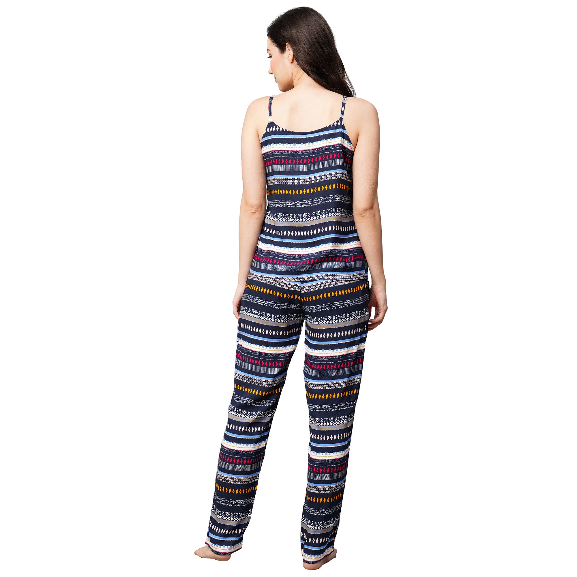 Drape In Vogue Womens Navy Blue With Multi Geometric Lining Print Night Suit