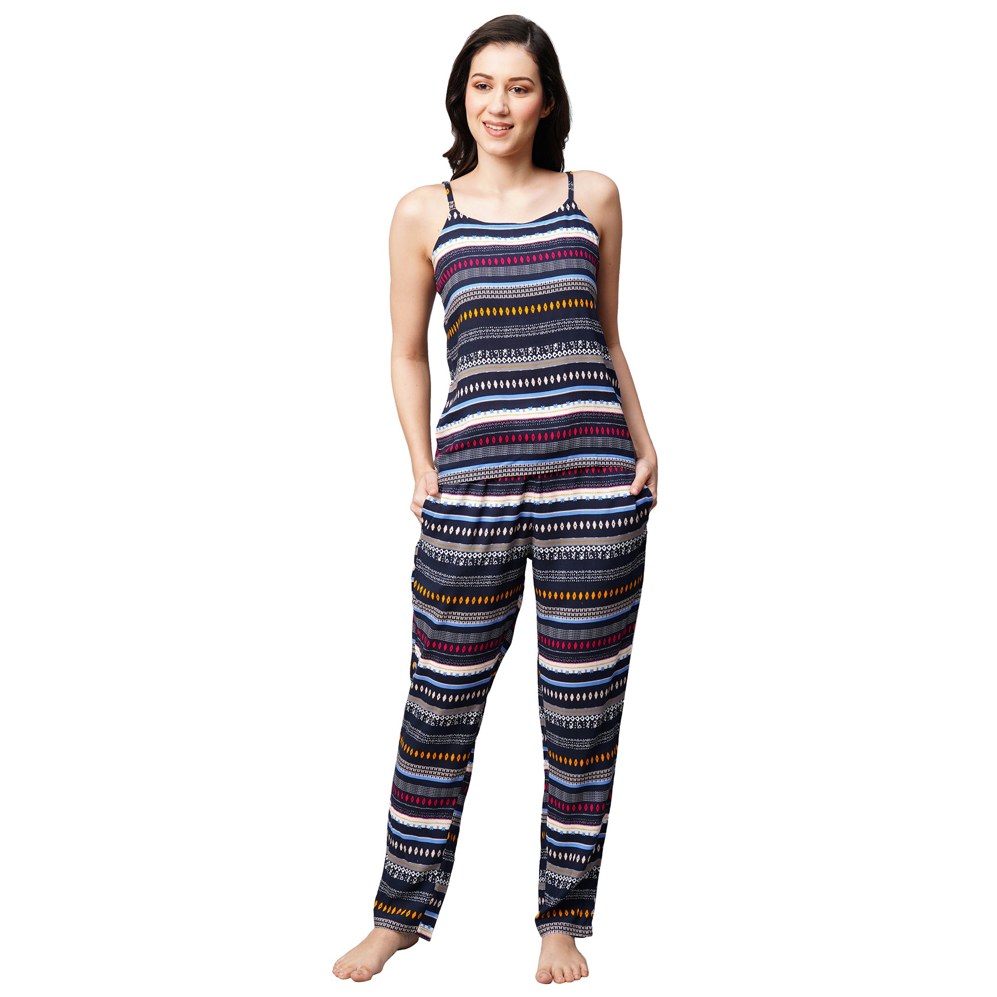 Drape In Vogue Womens Navy Blue With Multi Geometric Lining Print Night Suit