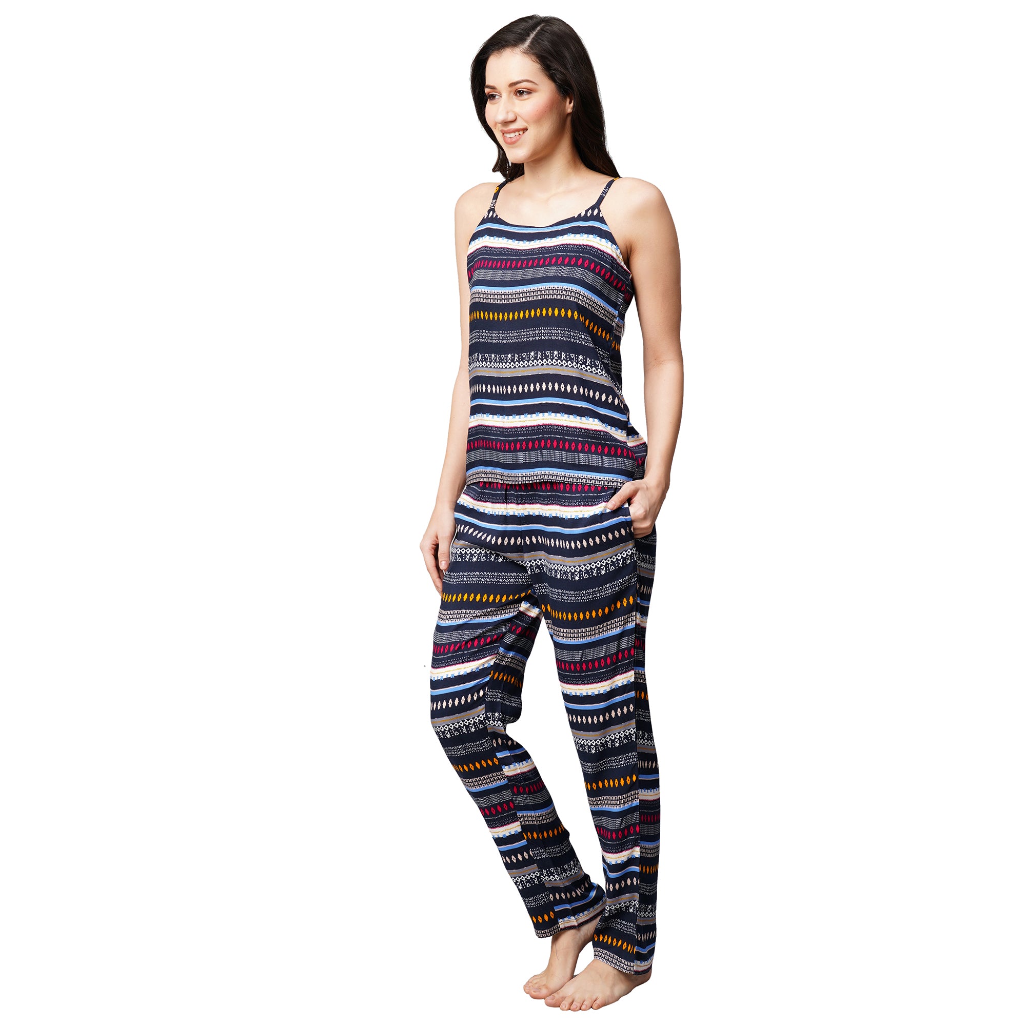 Drape In Vogue Womens Navy Blue With Multi Geometric Lining Print Night Suit