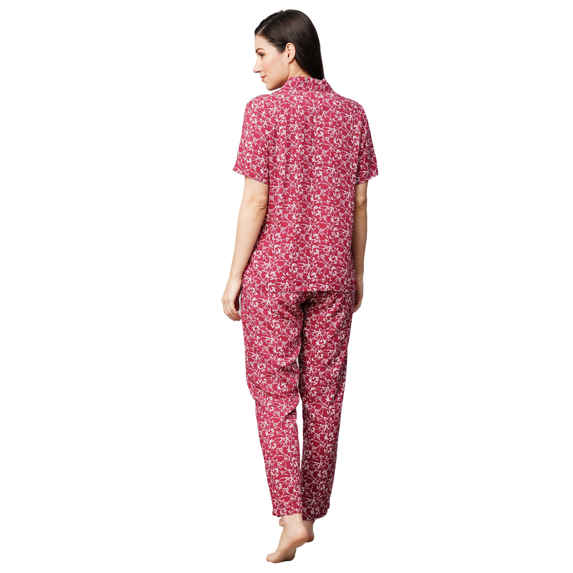 Drape In Vogue Womens Maroon With White Floral Print Night Suit