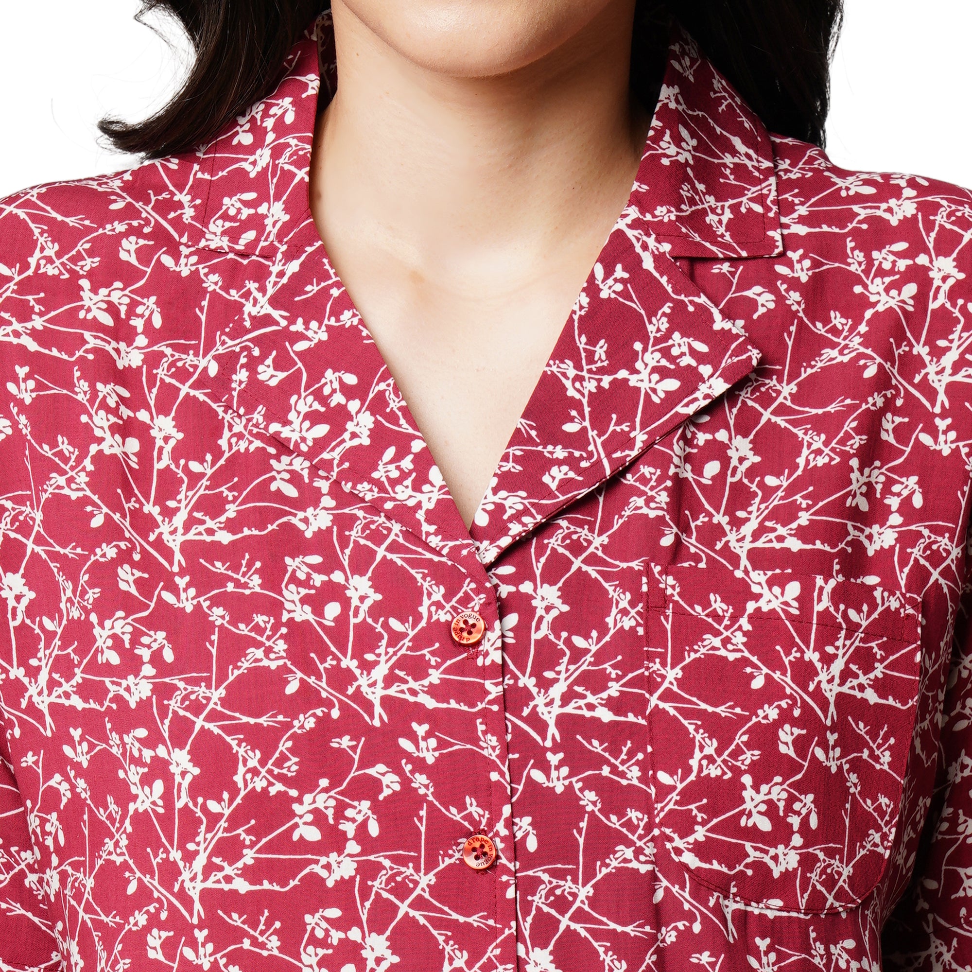 Drape In Vogue Womens Maroon With White Floral Print Night Suit