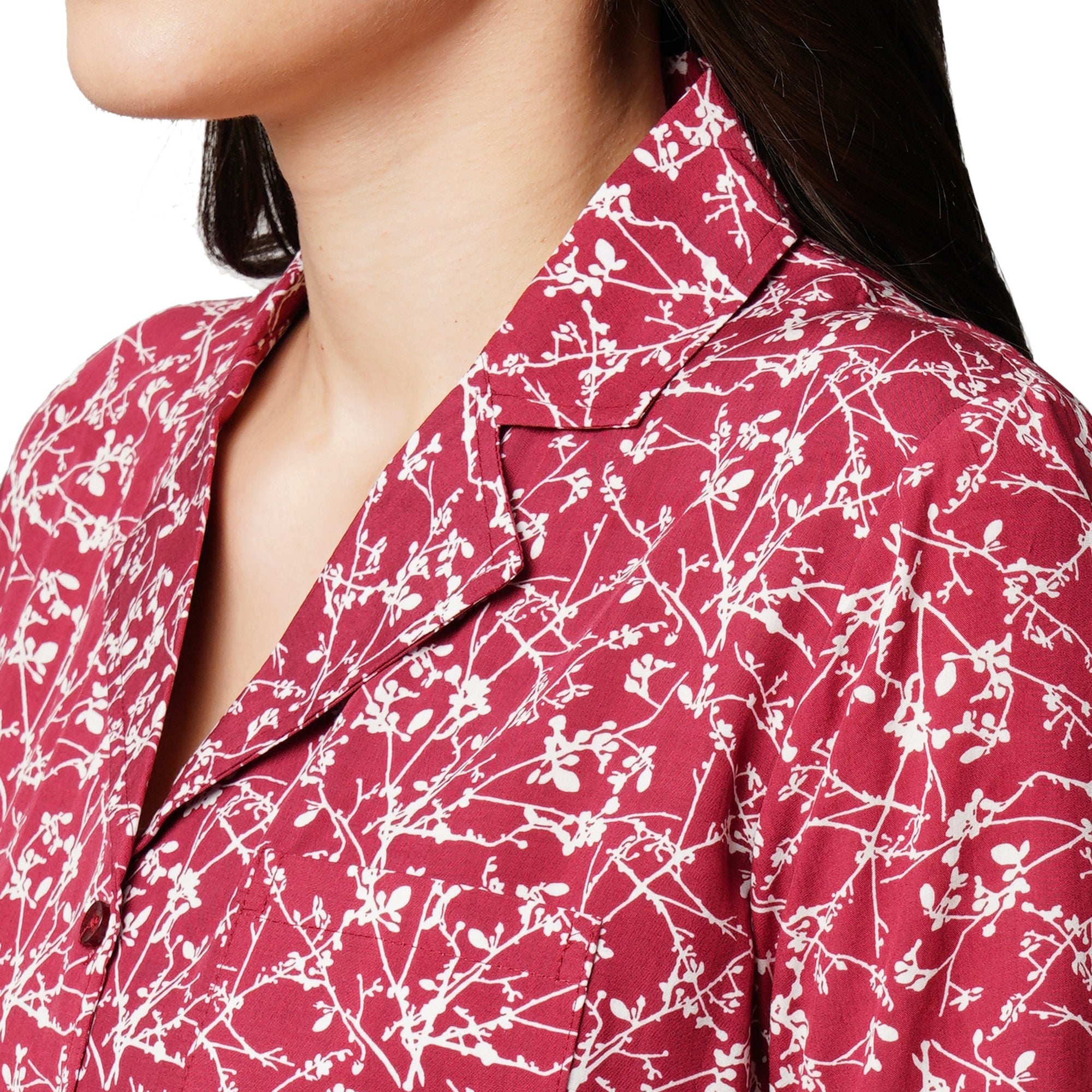 Drape In Vogue Womens Maroon With White Floral Print Night Suit