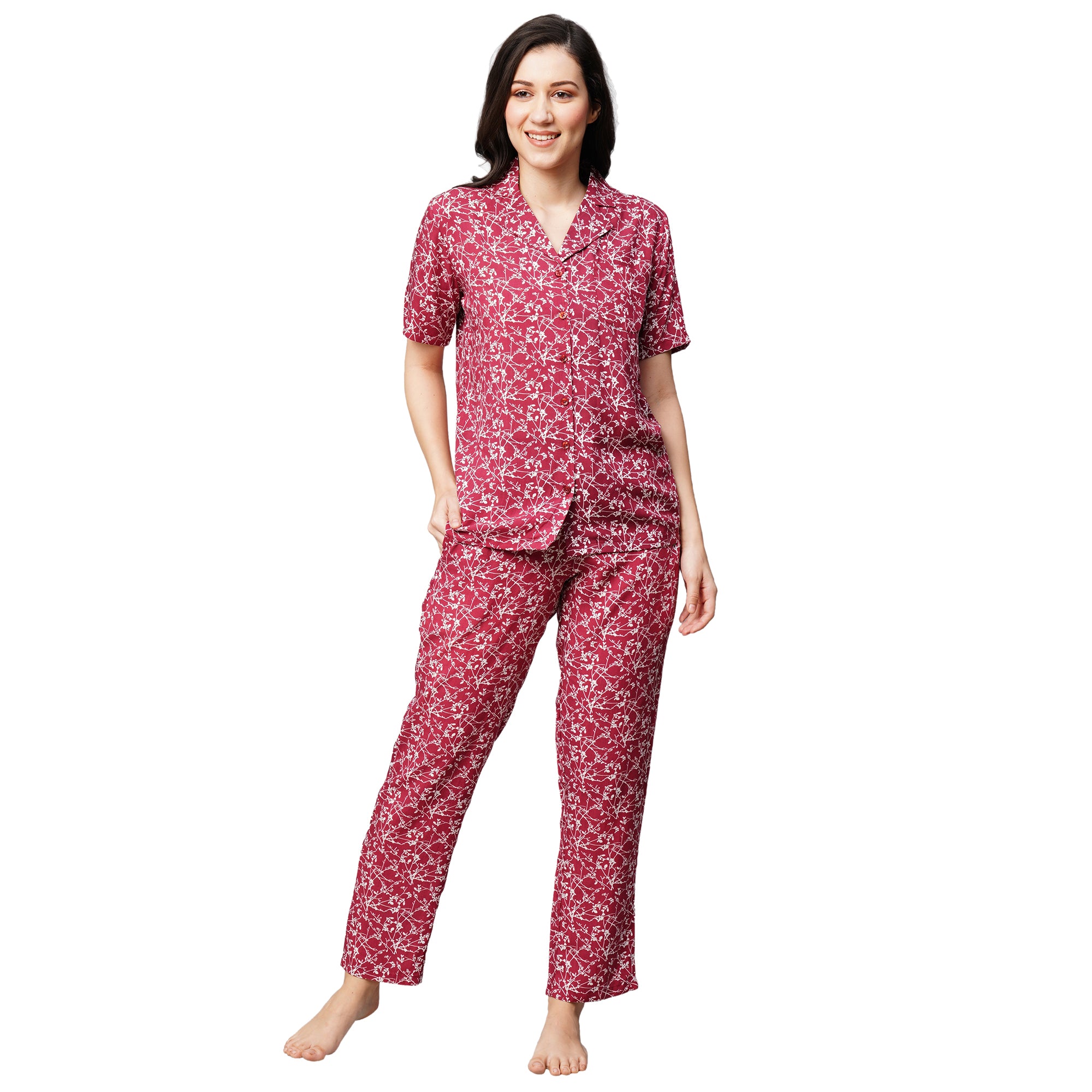 Drape In Vogue Womens Maroon With White Floral Print Night Suit