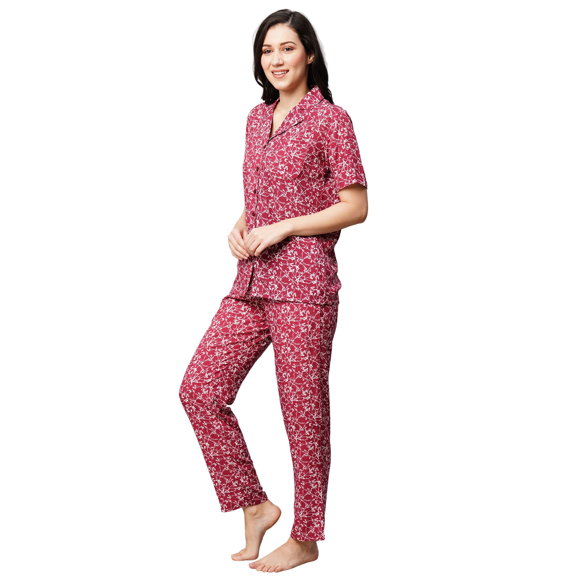 Drape In Vogue Womens Maroon With White Floral Print Night Suit