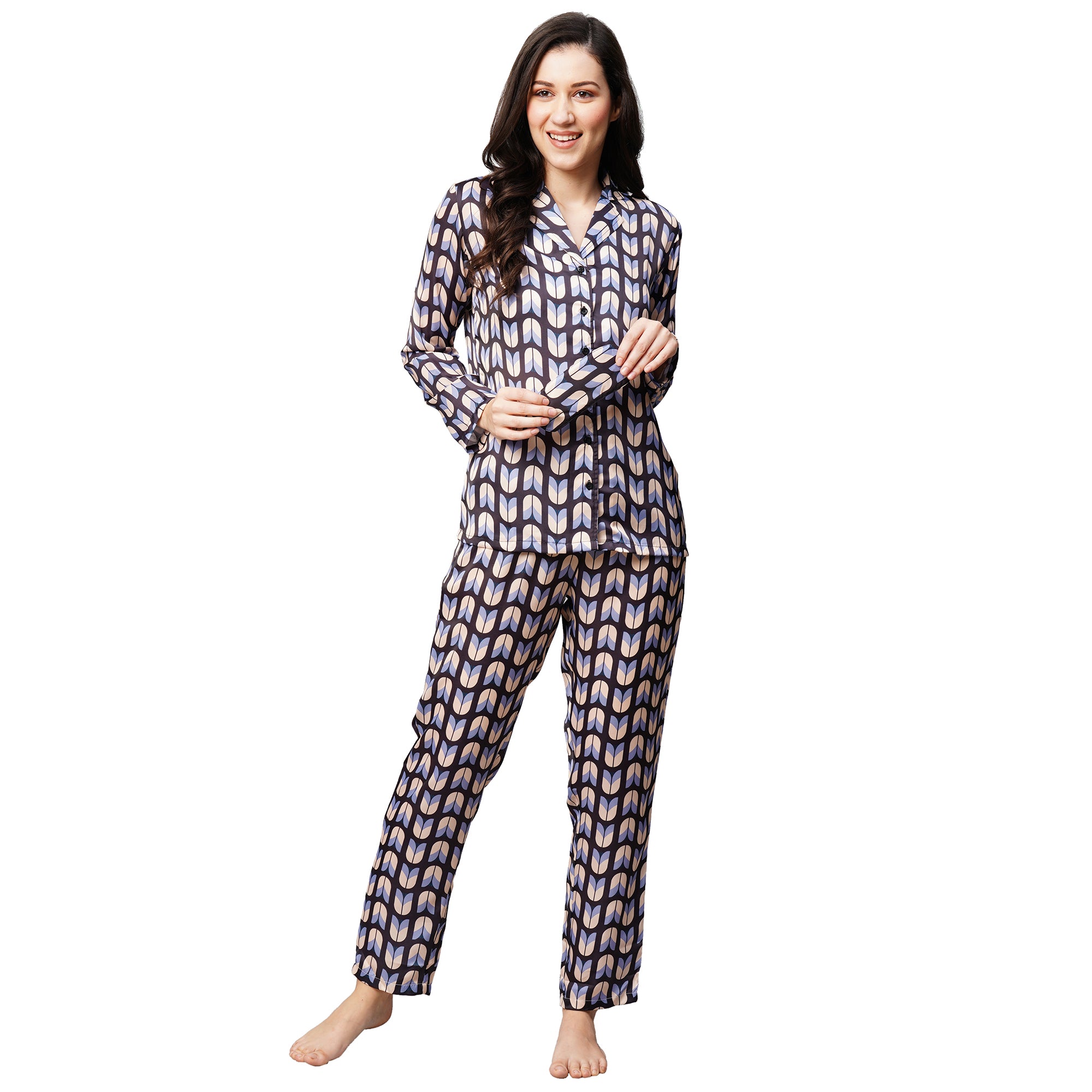 Drape In Vogue Womens Navy Black Leaf Print Satin Night Suit