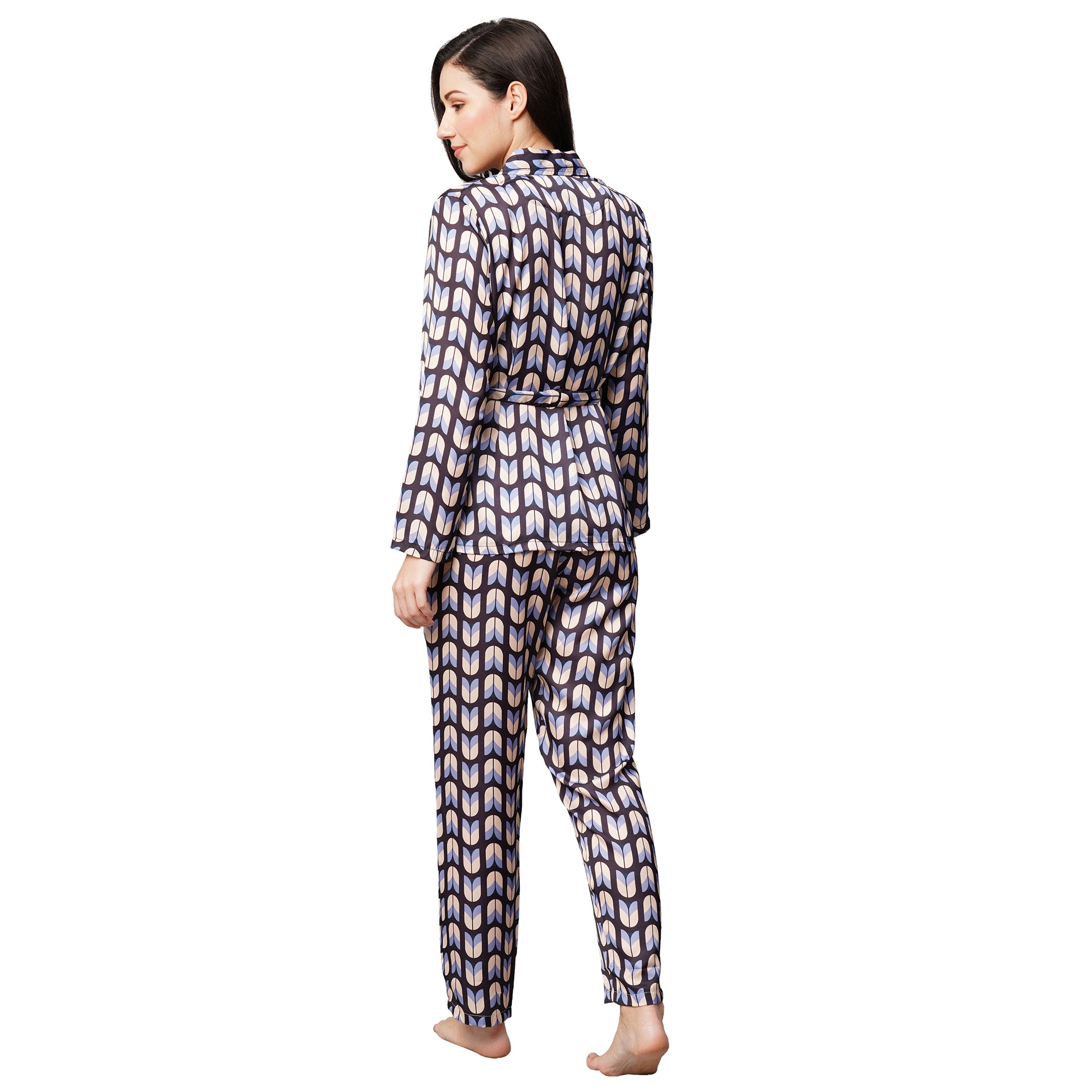 Drape In Vogue Womens Navy Black Leaf Print Satin Night Suit