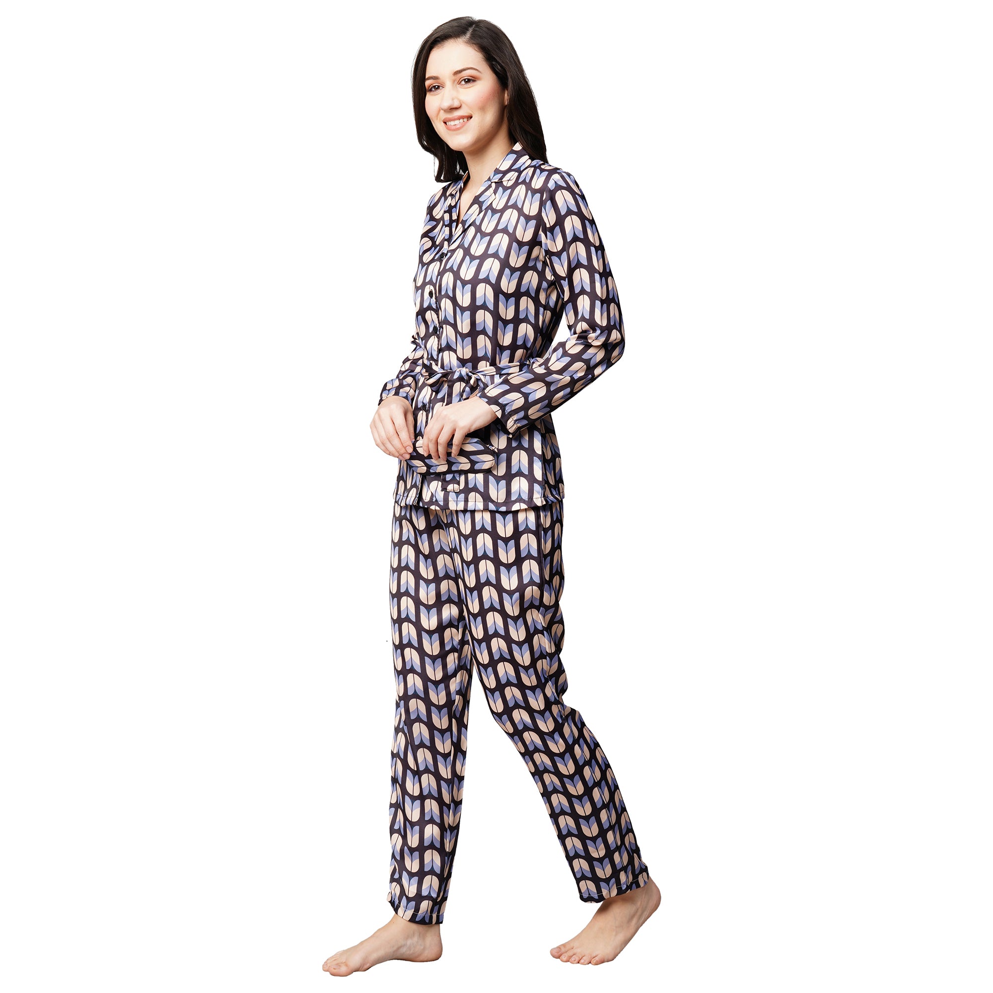 Drape In Vogue Womens Navy Black Leaf Print Satin Night Suit