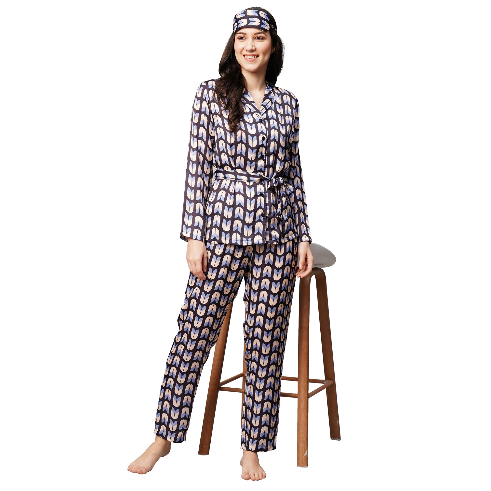 Drape In Vogue Womens Navy Black Leaf Print Satin Night Suit