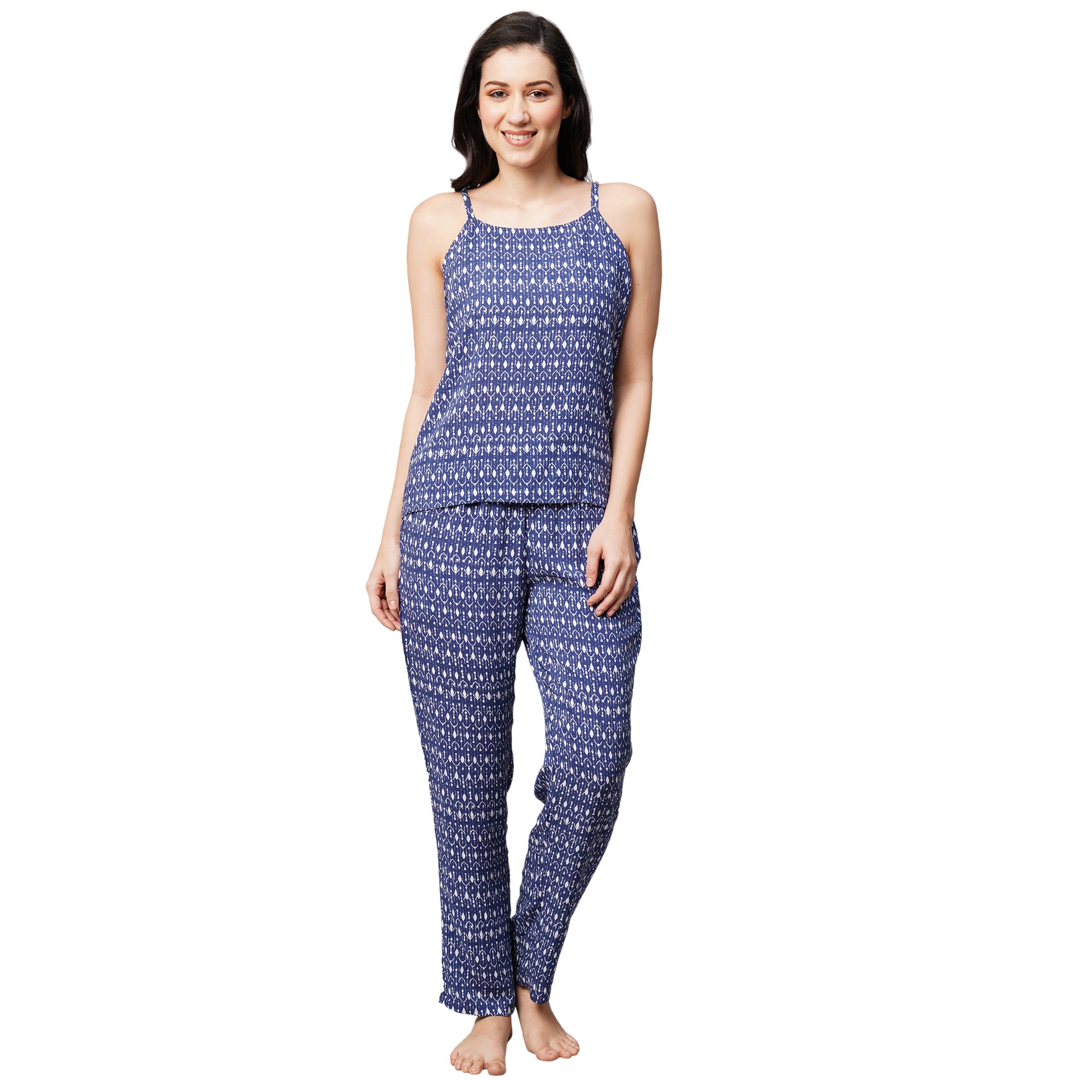 Drape In Vogue Womens Navy Blue With White Rohmbus Print Night Suit