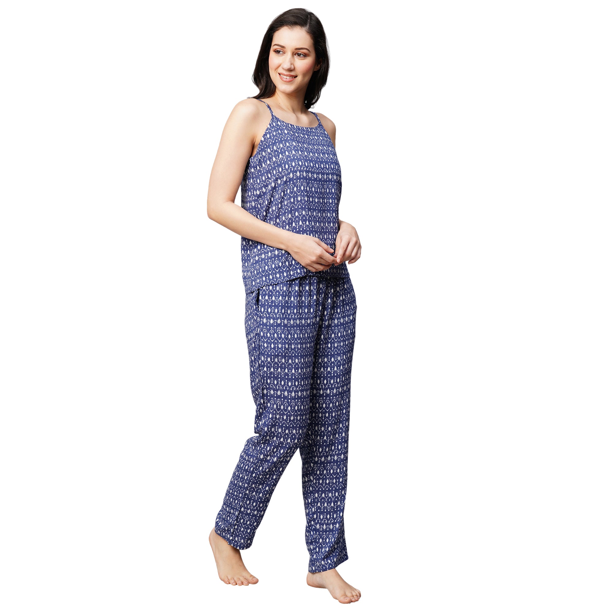 Drape In Vogue Womens Navy Blue With White Rohmbus Print Night Suit