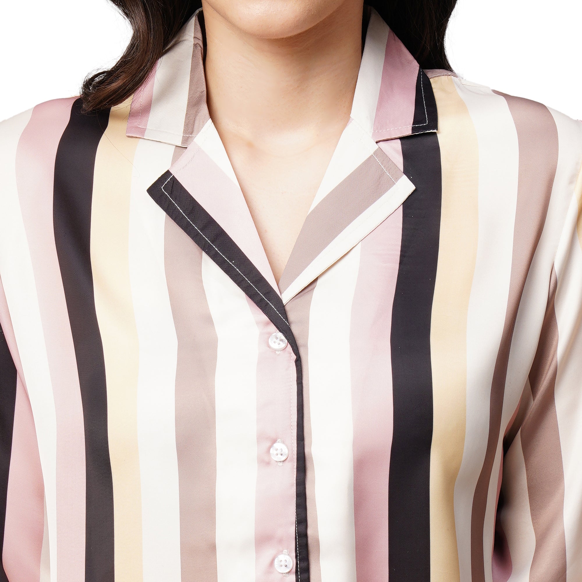 Drape In Vogue Womens White Peach Lining Satin Print Night Suit