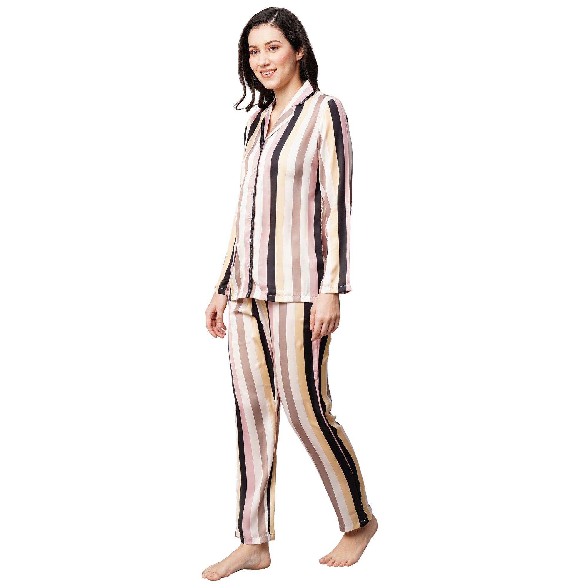 Drape In Vogue Womens White Peach Lining Satin Print Night Suit