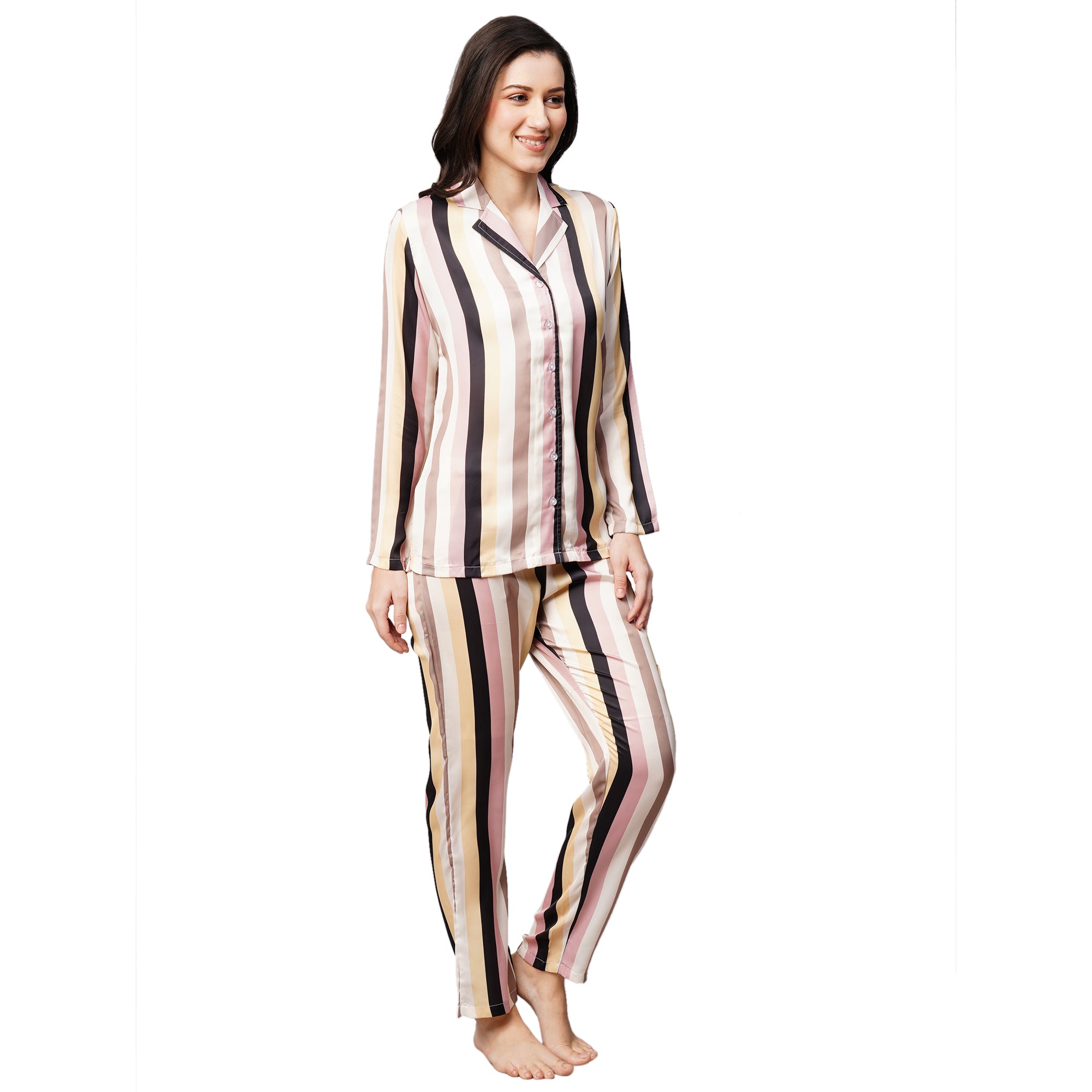 Drape In Vogue Womens White Peach Lining Satin Print Night Suit