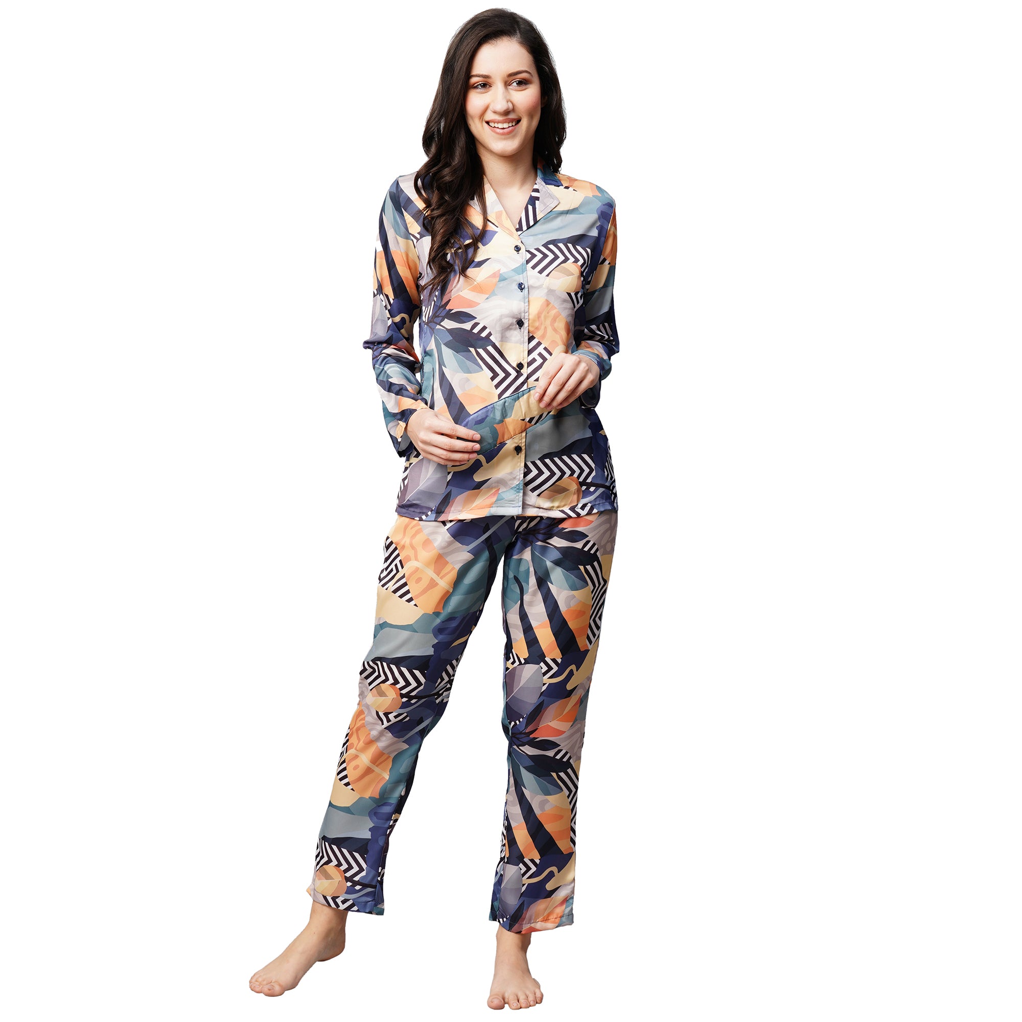 Drape In Vogue Womens Black Patch Print Satin Night Suit