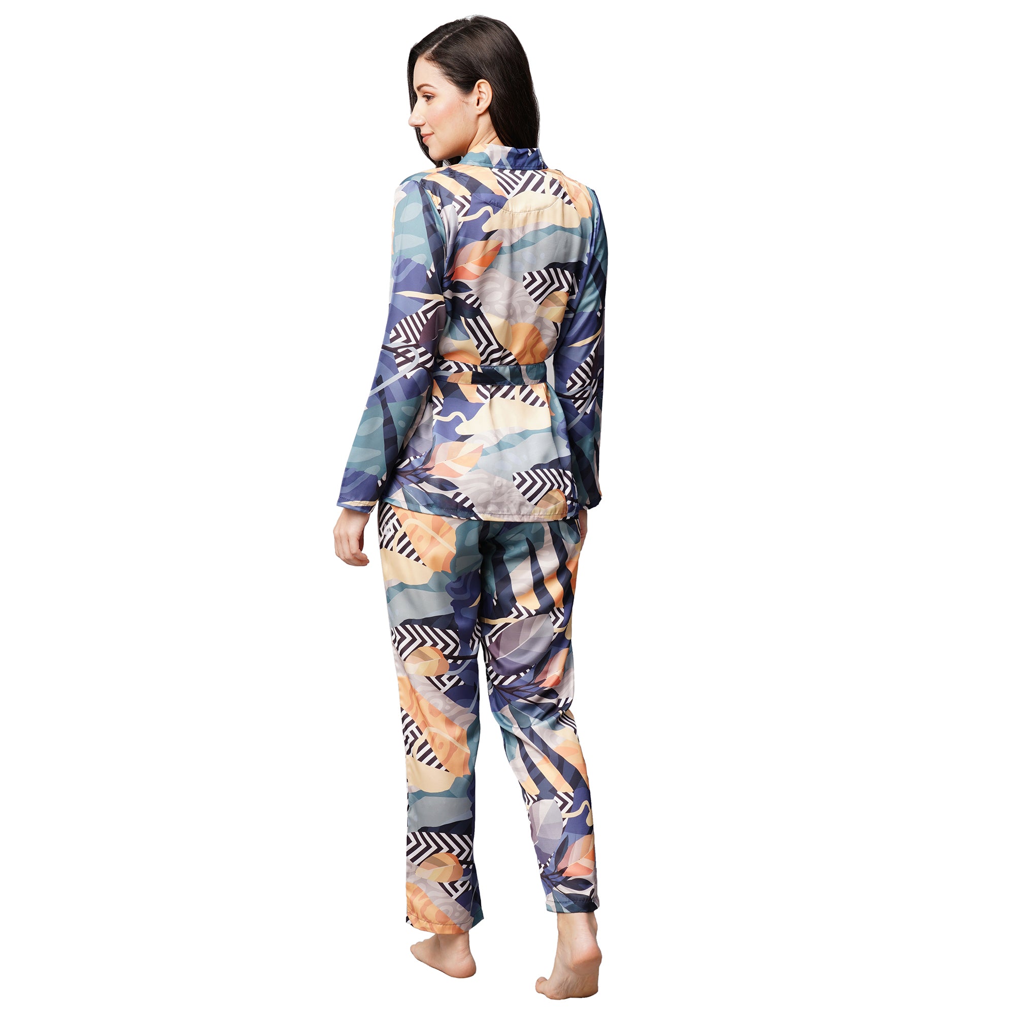 Drape In Vogue Womens Black Patch Print Satin Night Suit