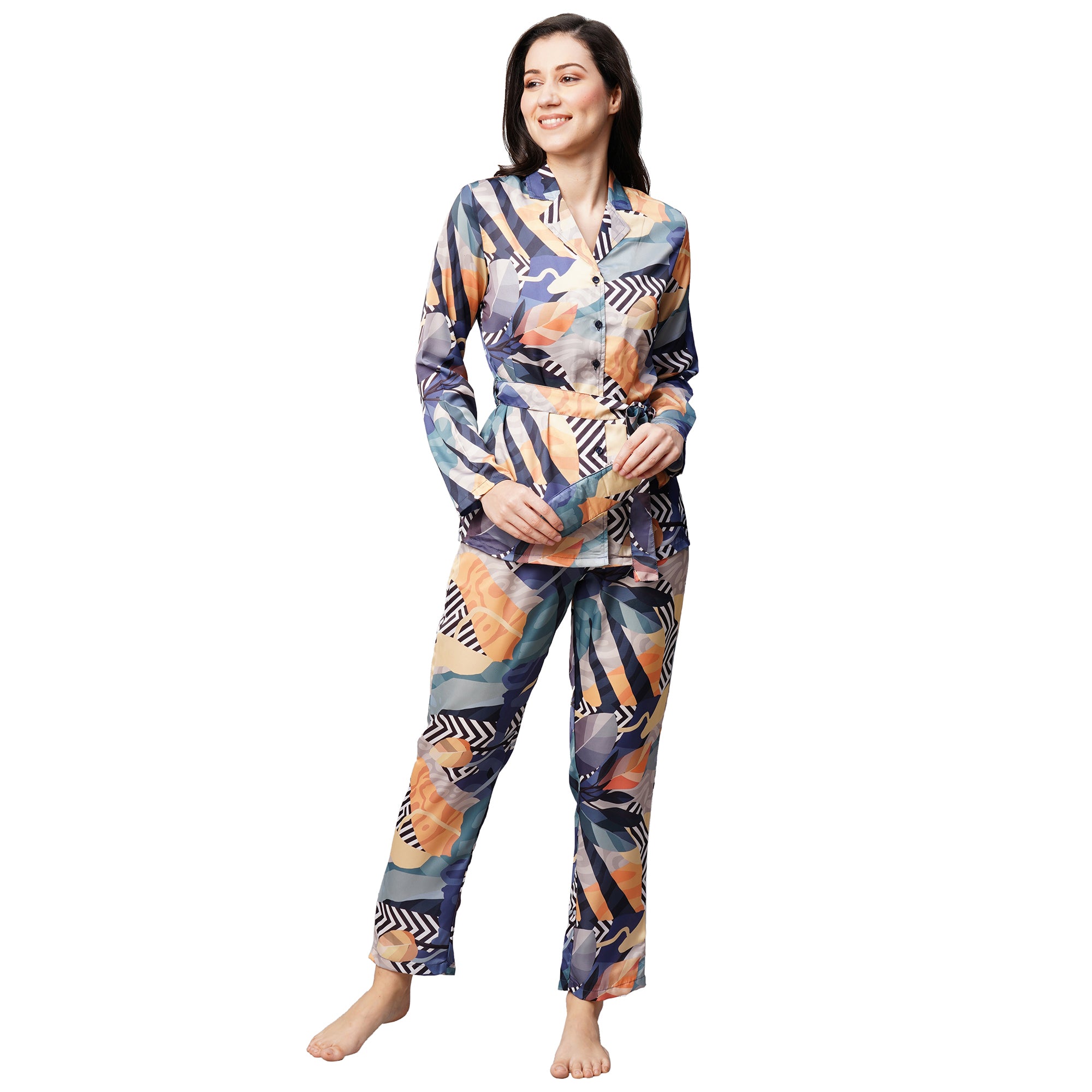 Drape In Vogue Womens Black Patch Print Satin Night Suit