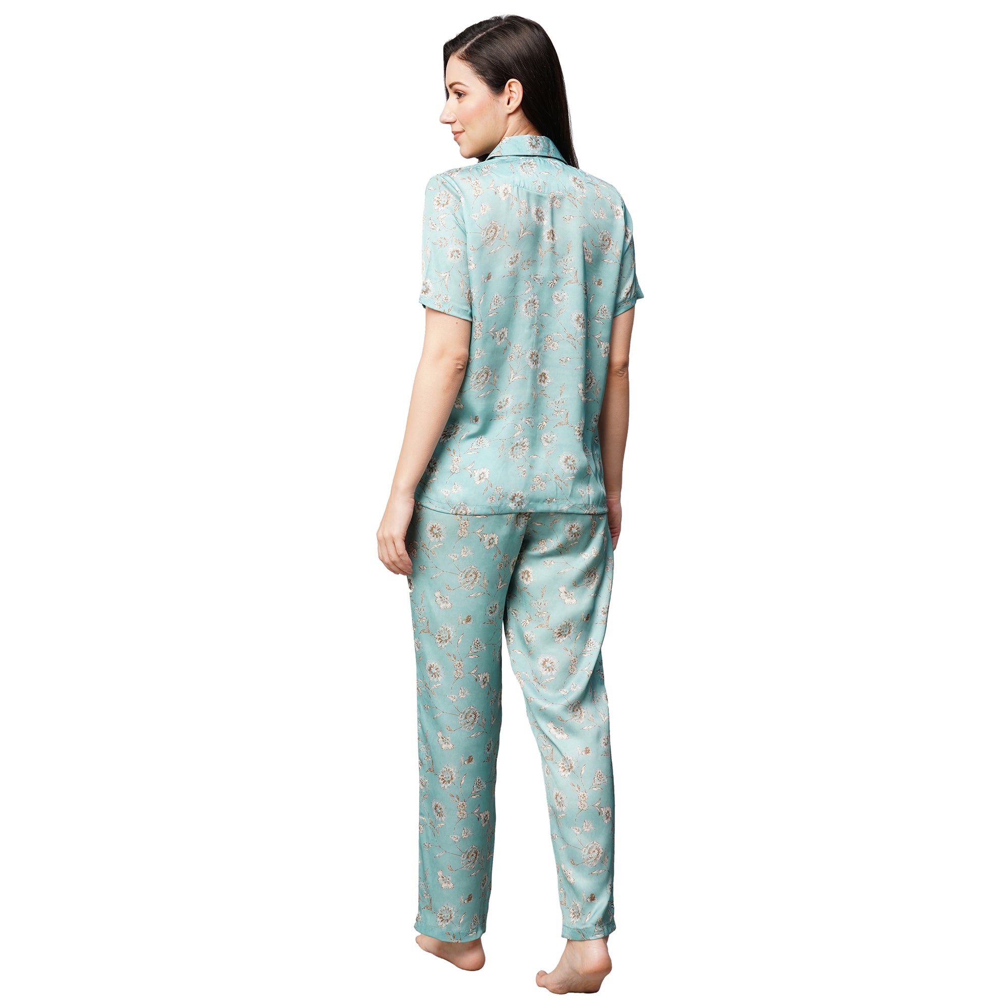 Drape In Vogue Womens Green White Floral Print Satin Night Suit