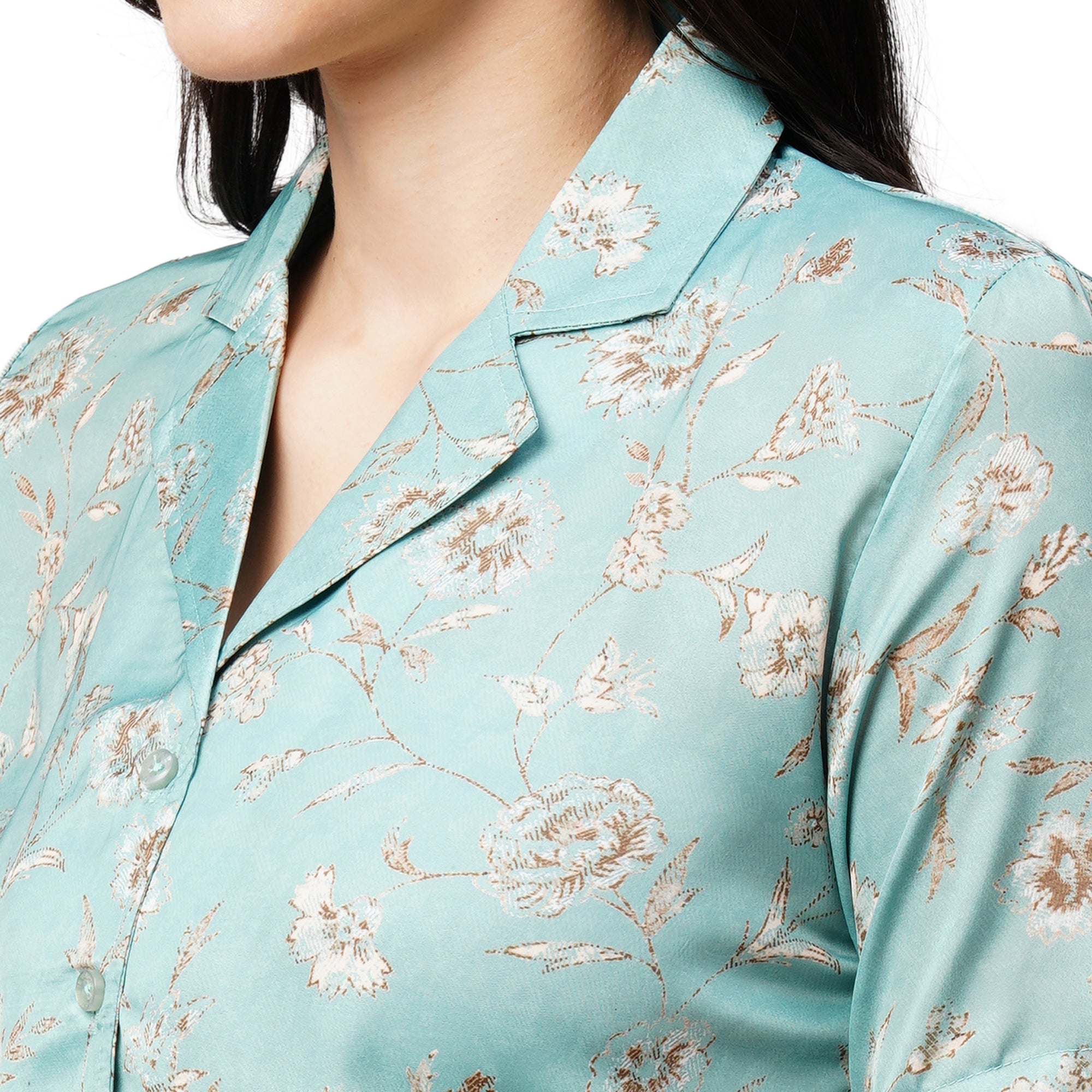 Drape In Vogue Womens Green White Floral Print Satin Night Suit