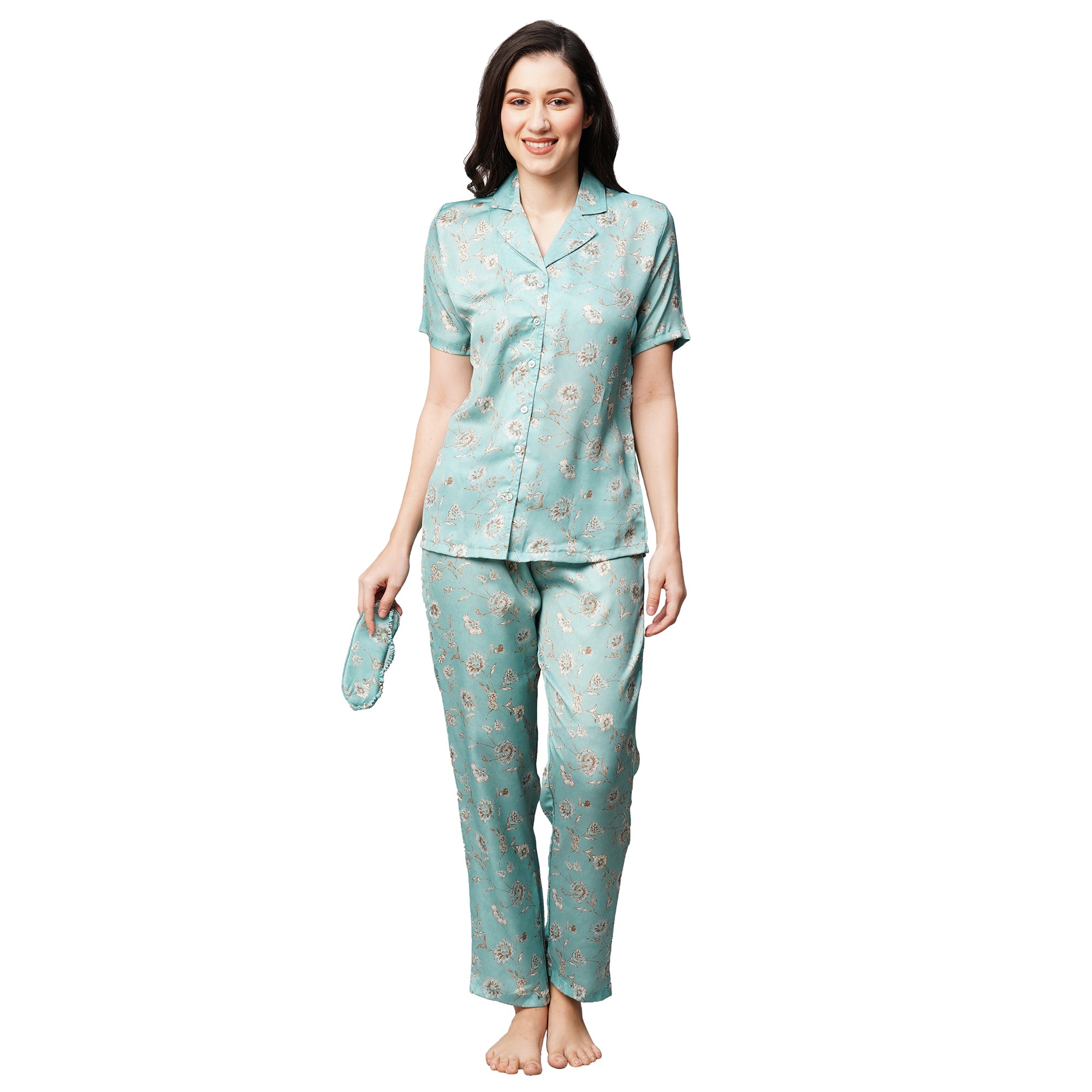 Drape In Vogue Womens Green White Floral Print Satin Night Suit