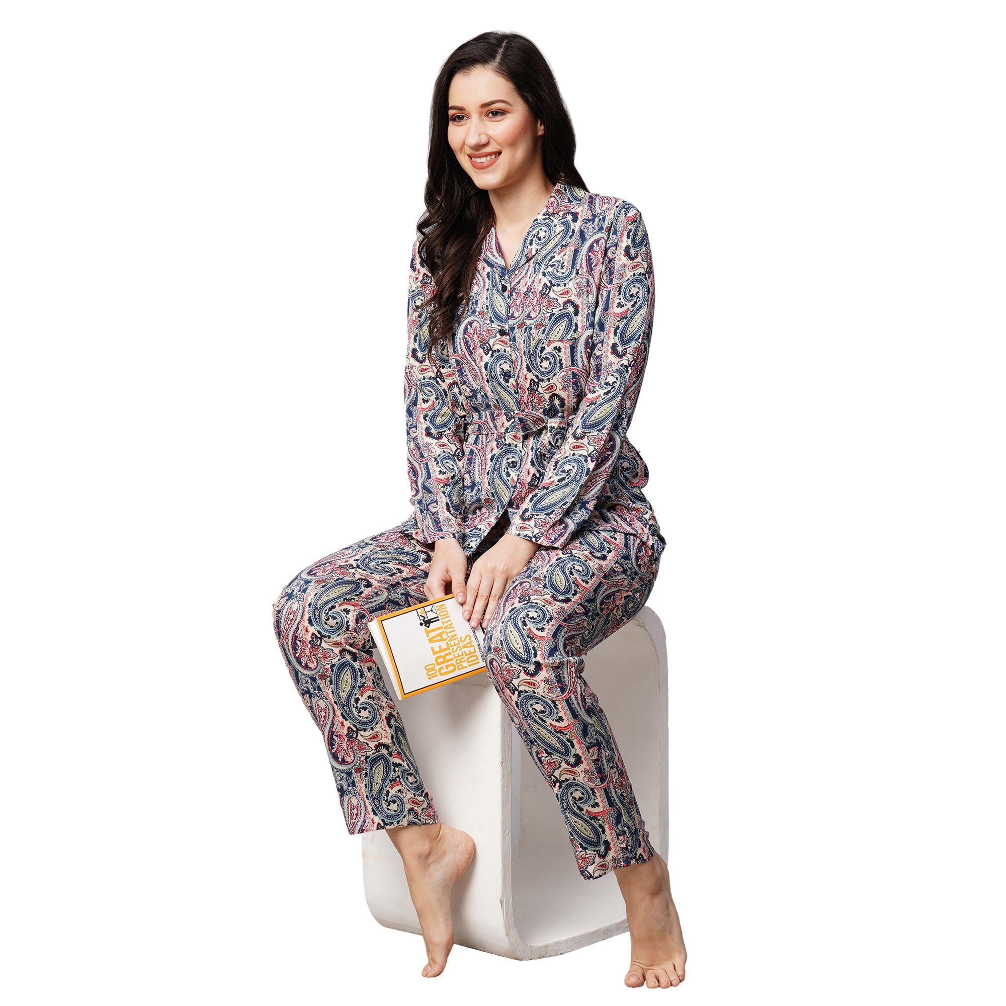 Drape In Vogue Womens White With Multi Keri Print Night Suit
