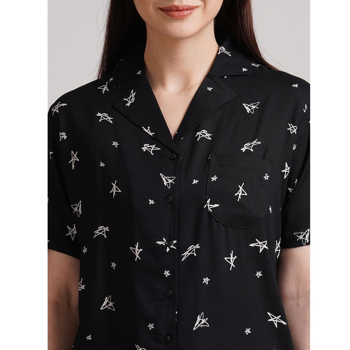 Women black star Print Night Suit with shorts