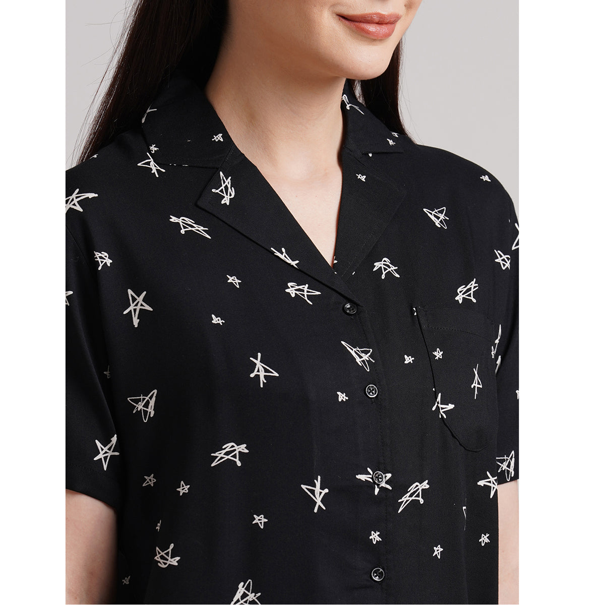 Women black star Print Night Suit with shorts