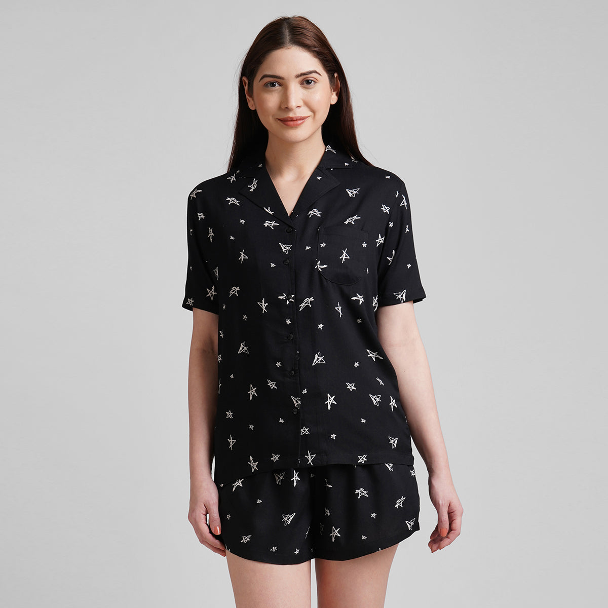 Women black star Print Night Suit with shorts