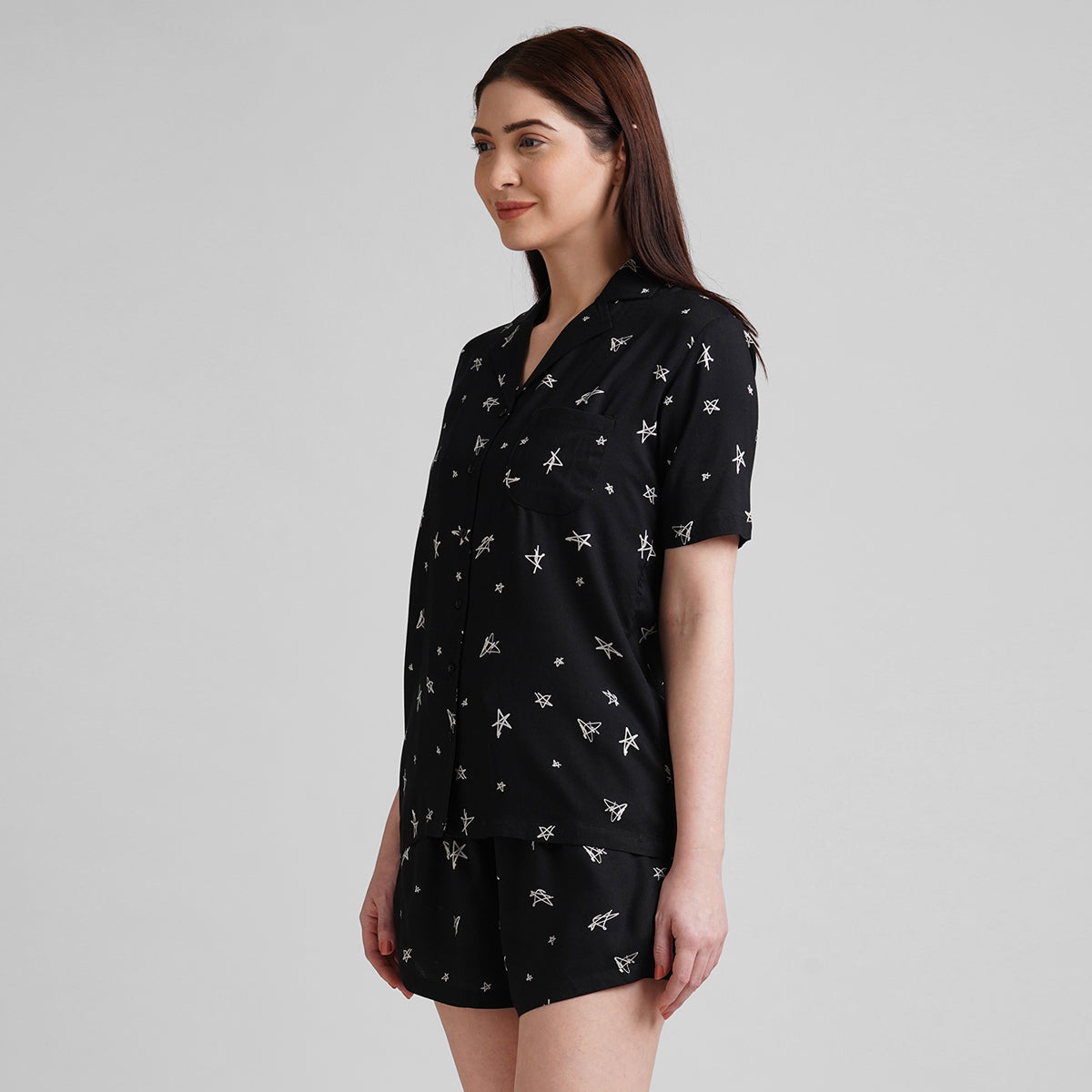 Women black star Print Night Suit with shorts
