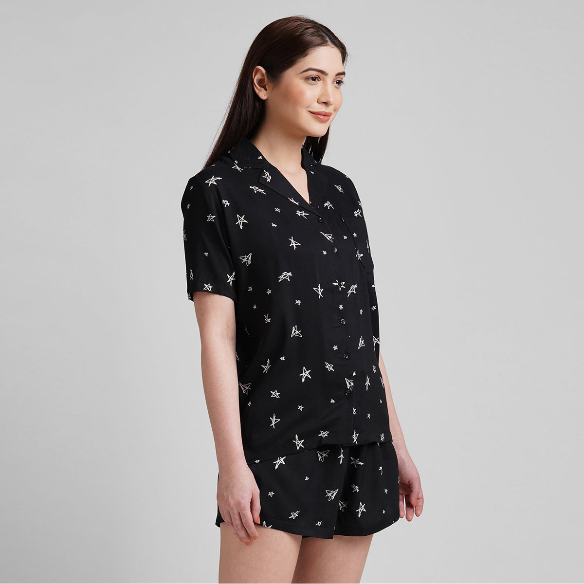 Women black star Print Night Suit with shorts
