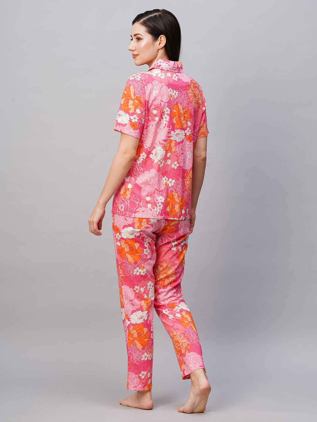 Women's 3 Pc Pink floral print night suit