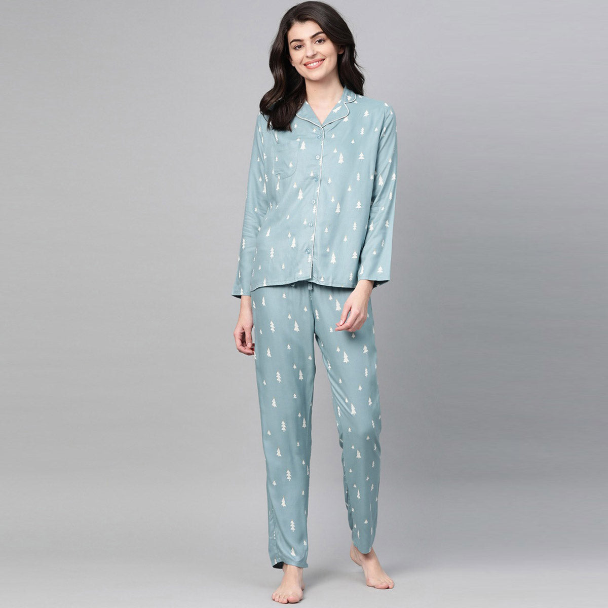 Women Grey With Cream Tree Night Suit