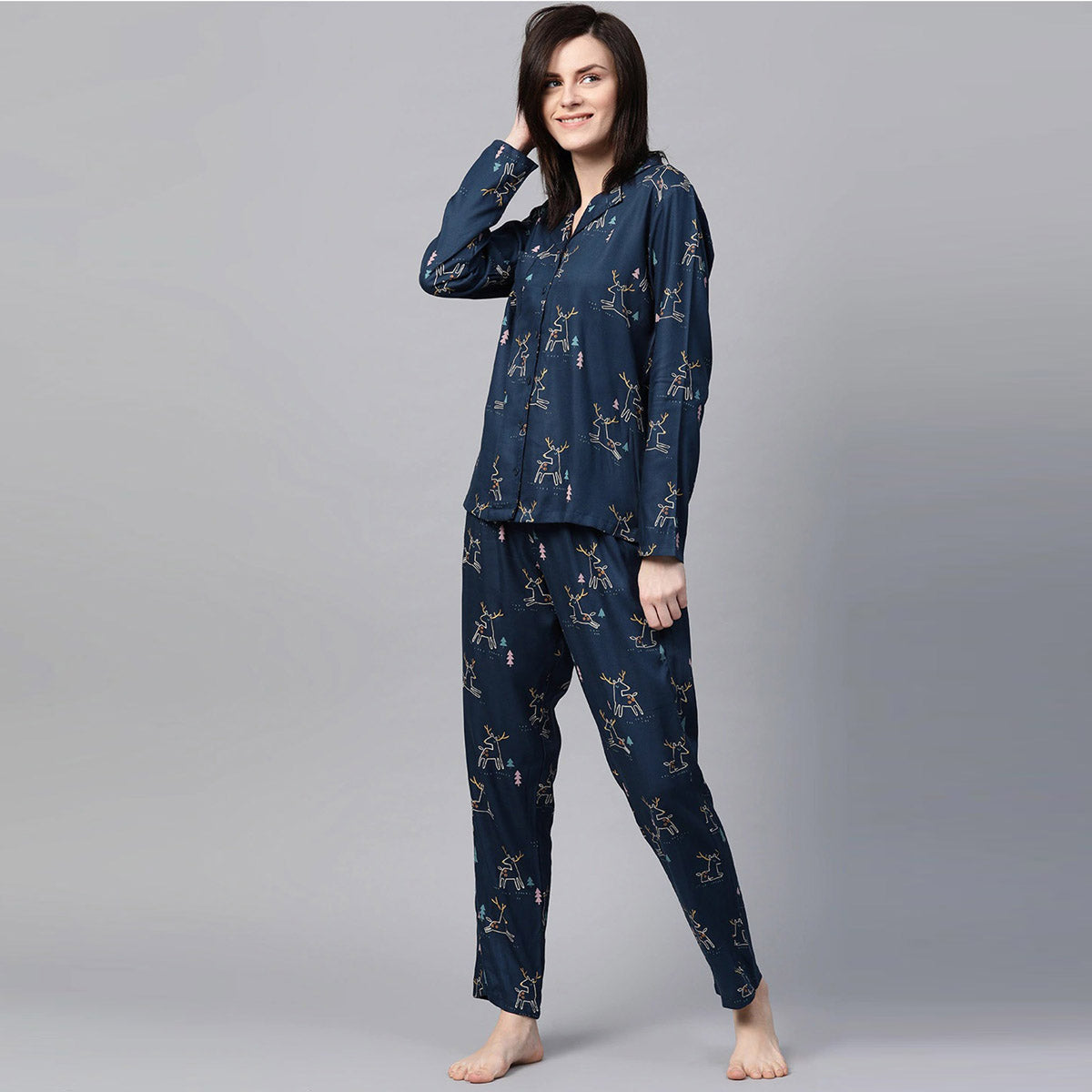 Women Navy Blue With Multicolour Dear Print Night Suit