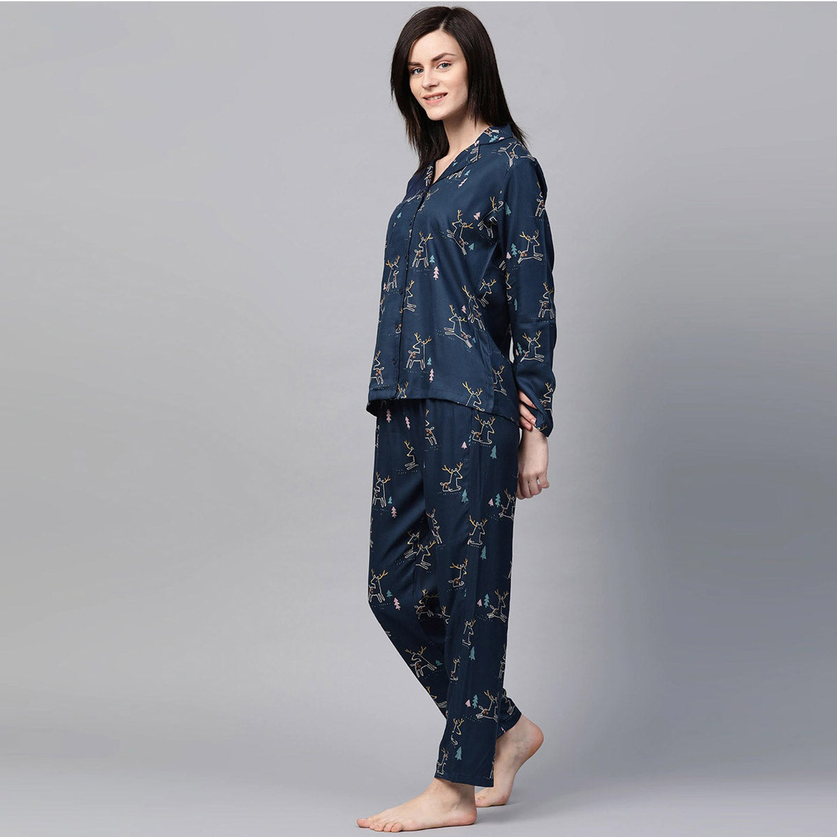 Women Navy Blue With Multicolour Dear Print Night Suit