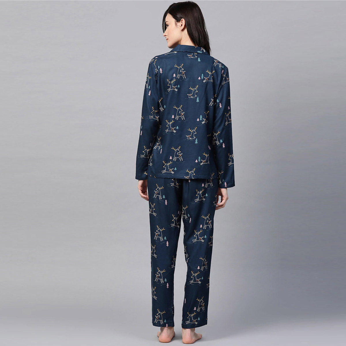 Women Navy Blue With Multicolour Dear Print Night Suit