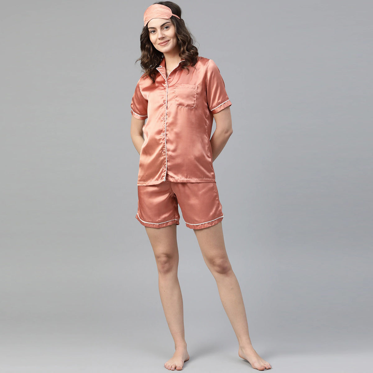 Women Peach Satin Solid Night Suit