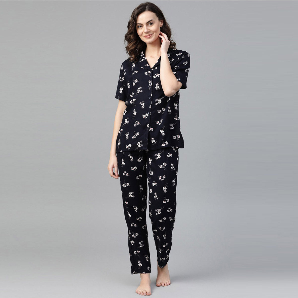 Women Dark Blue with white Flower Night Suit