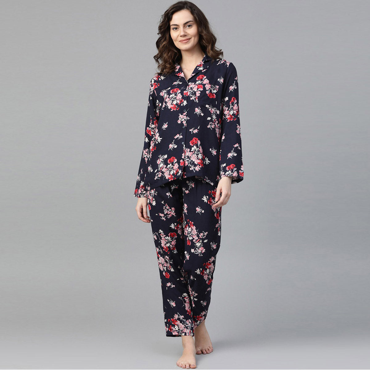 Women Dark Blue with Flower Print Night Suit