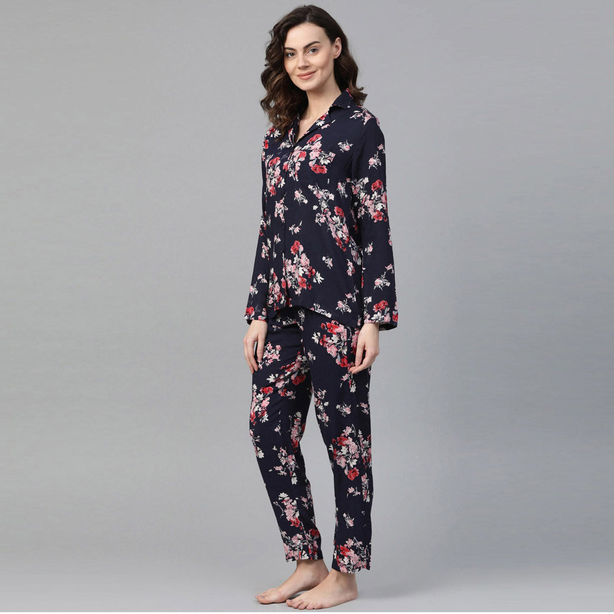 Women Dark Blue with Flower Print Night Suit